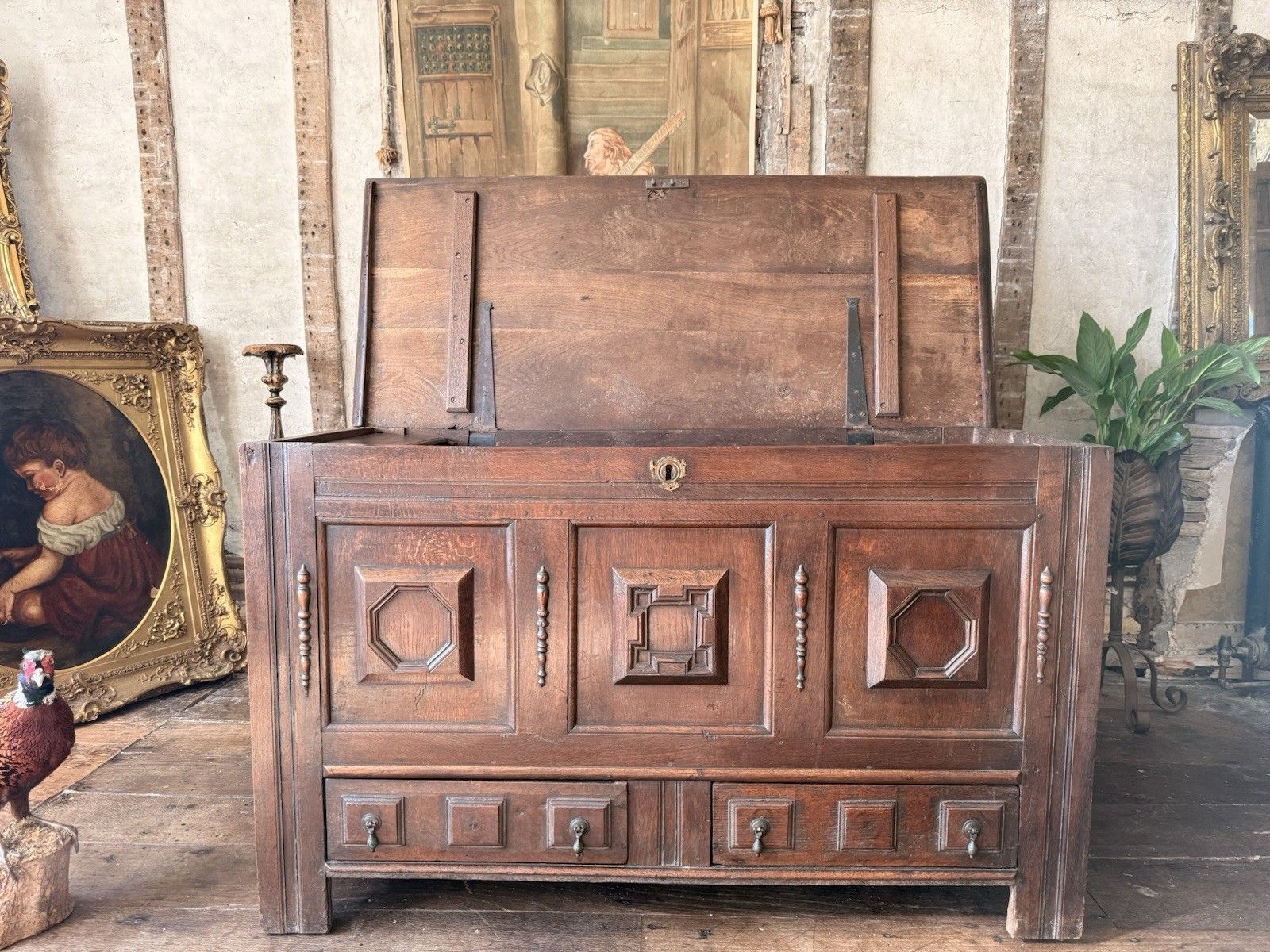 photo furniture Rare Original  English Antique Geometric George Lll Carved Mule Chest Coffer