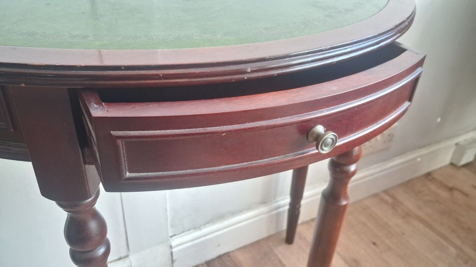 1980s Mahogany Demi Lune /Half Moon Table With Green Tooled Leather Top photo Furniture