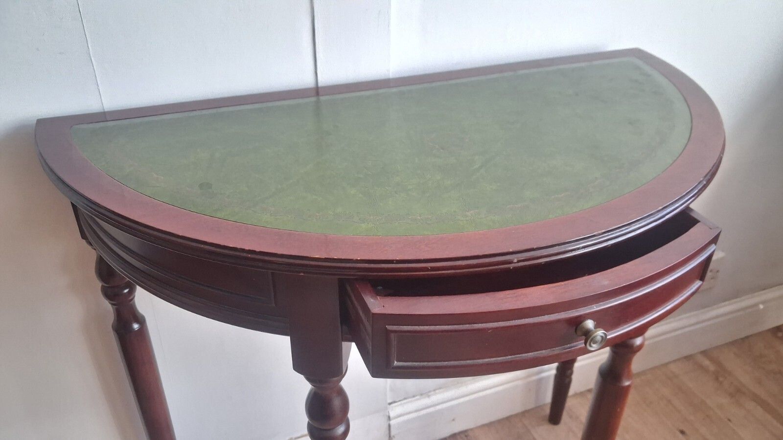 1980s Mahogany Demi Lune /Half Moon Table With Green Tooled Leather Top photo vintage