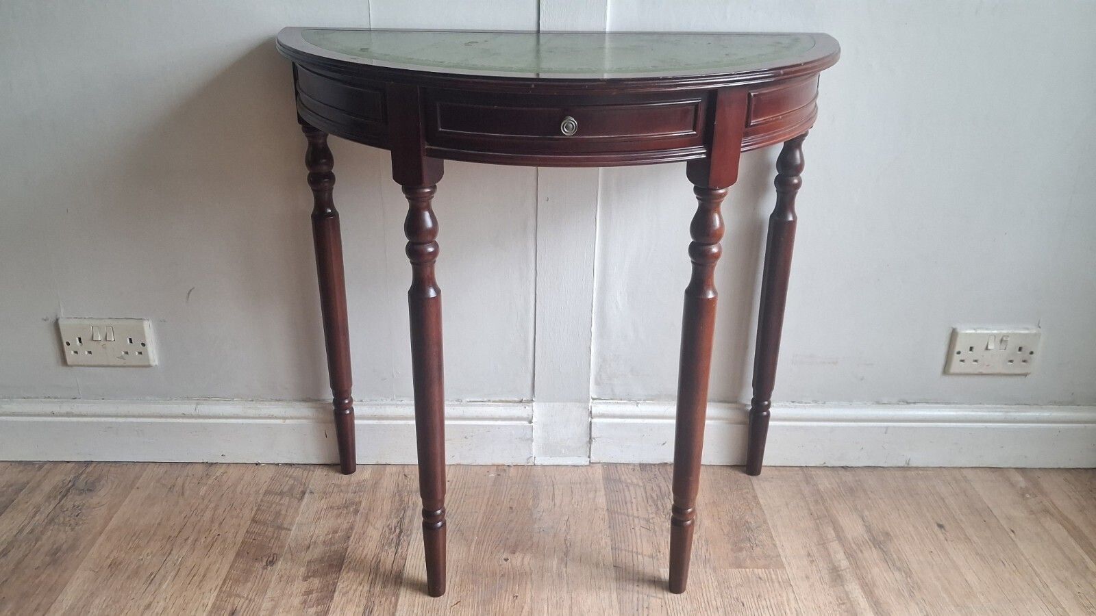 photo furniture 1980s Mahogany Demi Lune /Half Moon Table With Green Tooled Leather Top