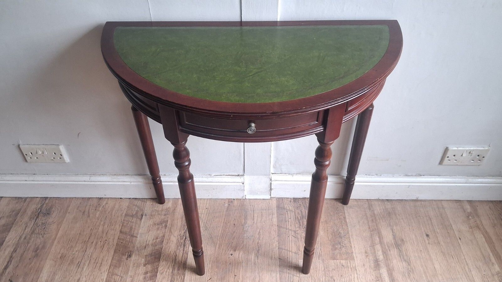 Furniture 1980s Mahogany Demi Lune /Half Moon Table With Green Tooled Leather Top photo