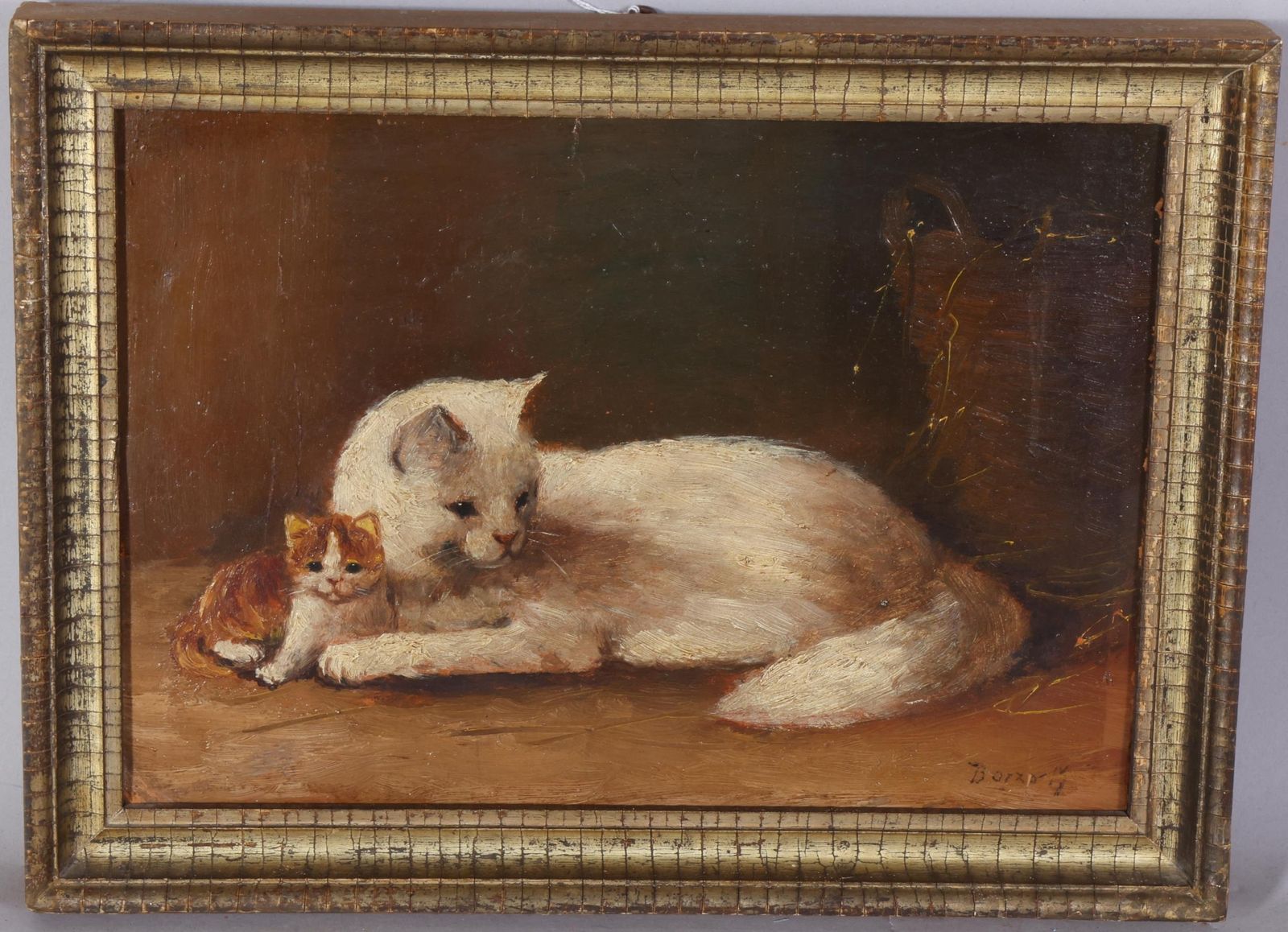 Antique Oil Painting Of A Cat With Kitten