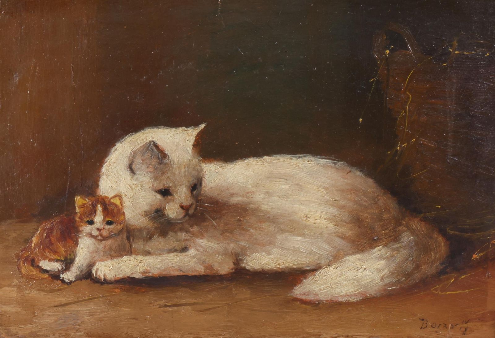 Antique Oil Painting Of A Cat With Kitten photo furniture
