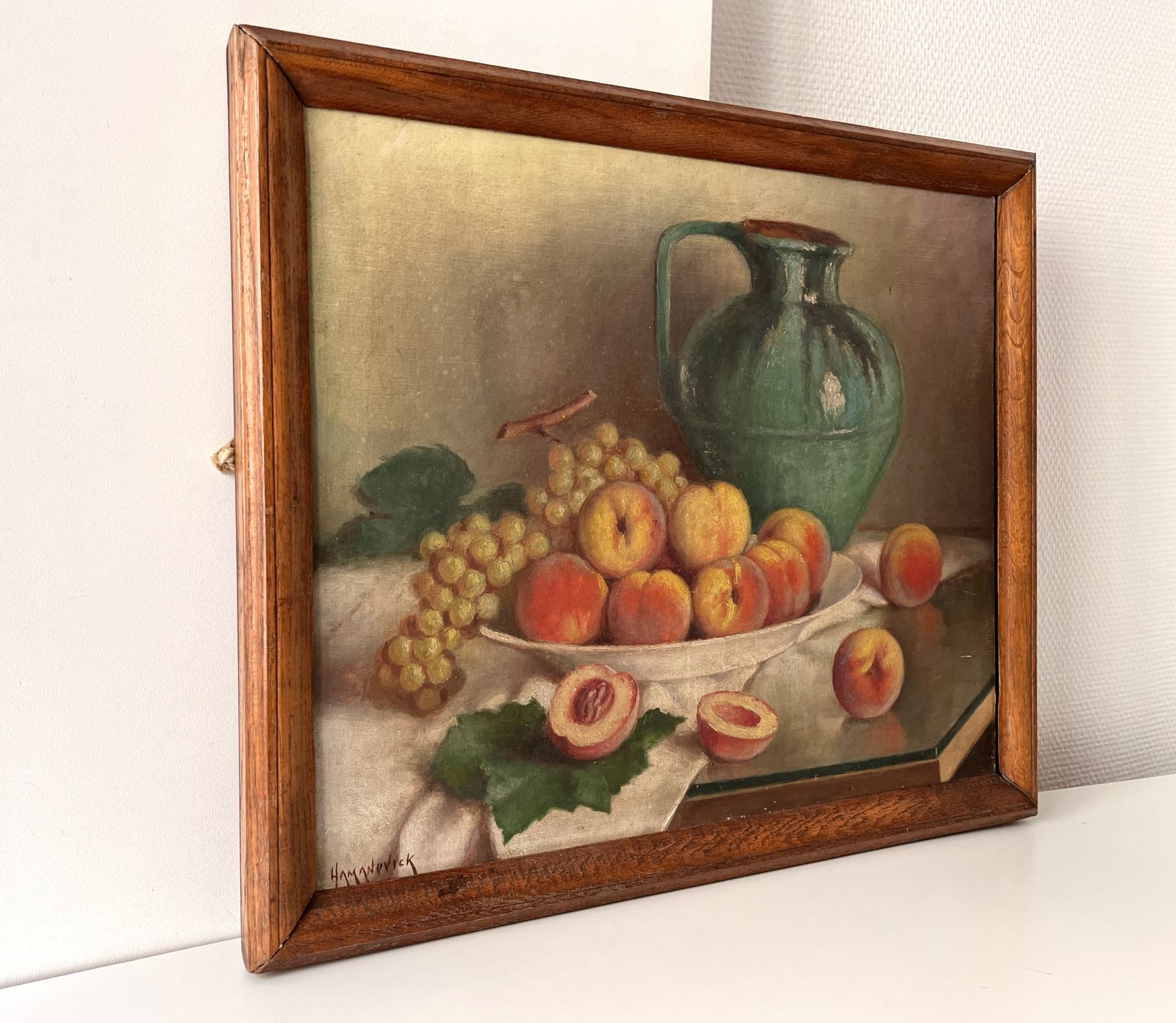 562.0 Original 1920's Framed Still Life Oil On Canvas, Antique Fruits Painting Signed By Gaston Hamanovick photo