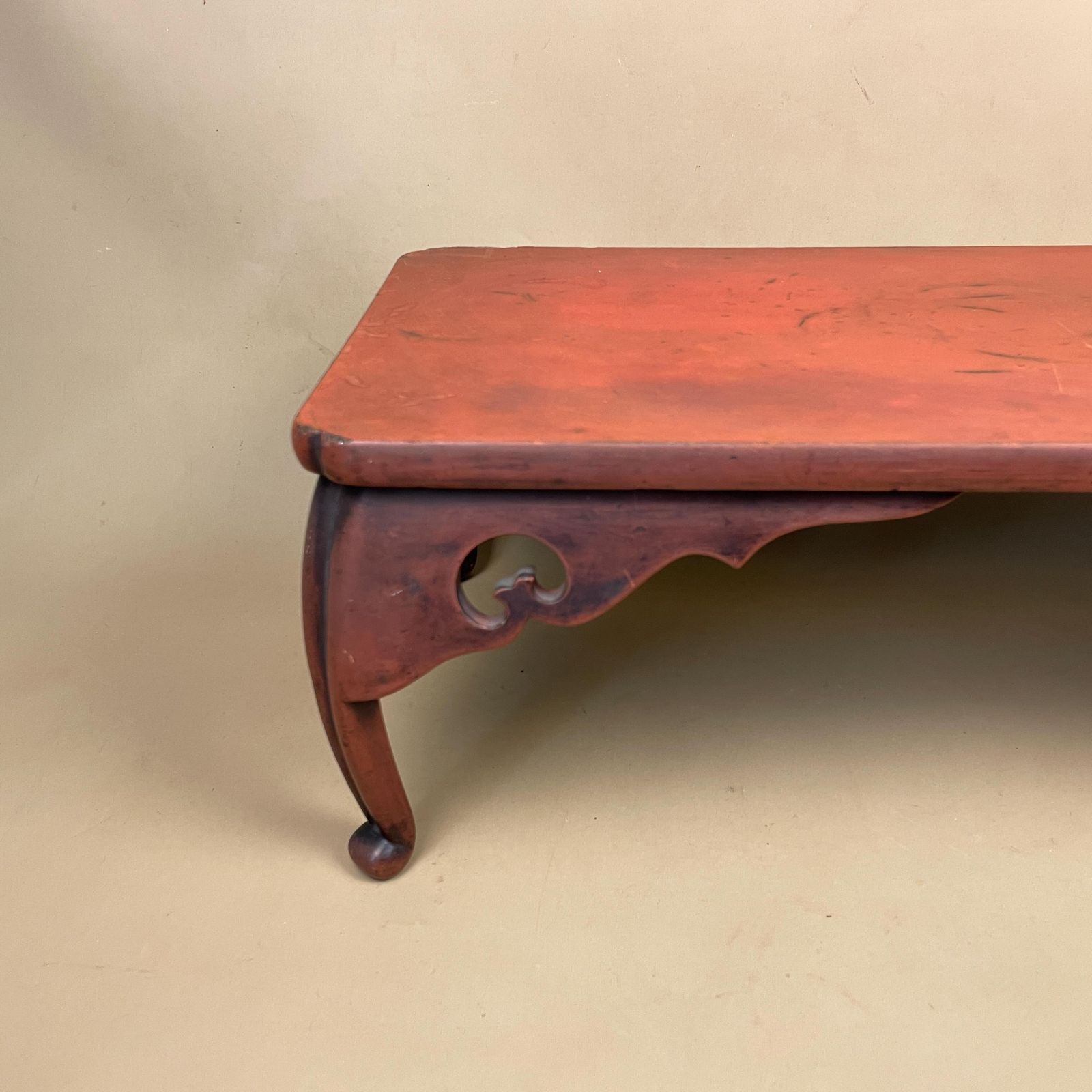 Red Wooden Oriental Low Table Carved Leg Vintage Chinese Style Altar Stand Small Display Table Accent Tea Table photo for sale