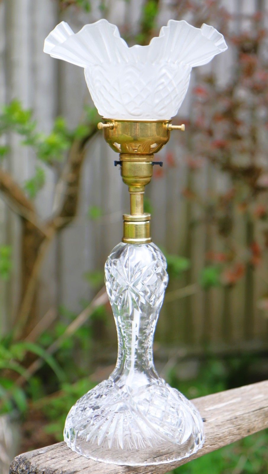 Table Lamp Antique Heavy Cut Lead Crystal Side Lamp + Period Frilled Glass Shade