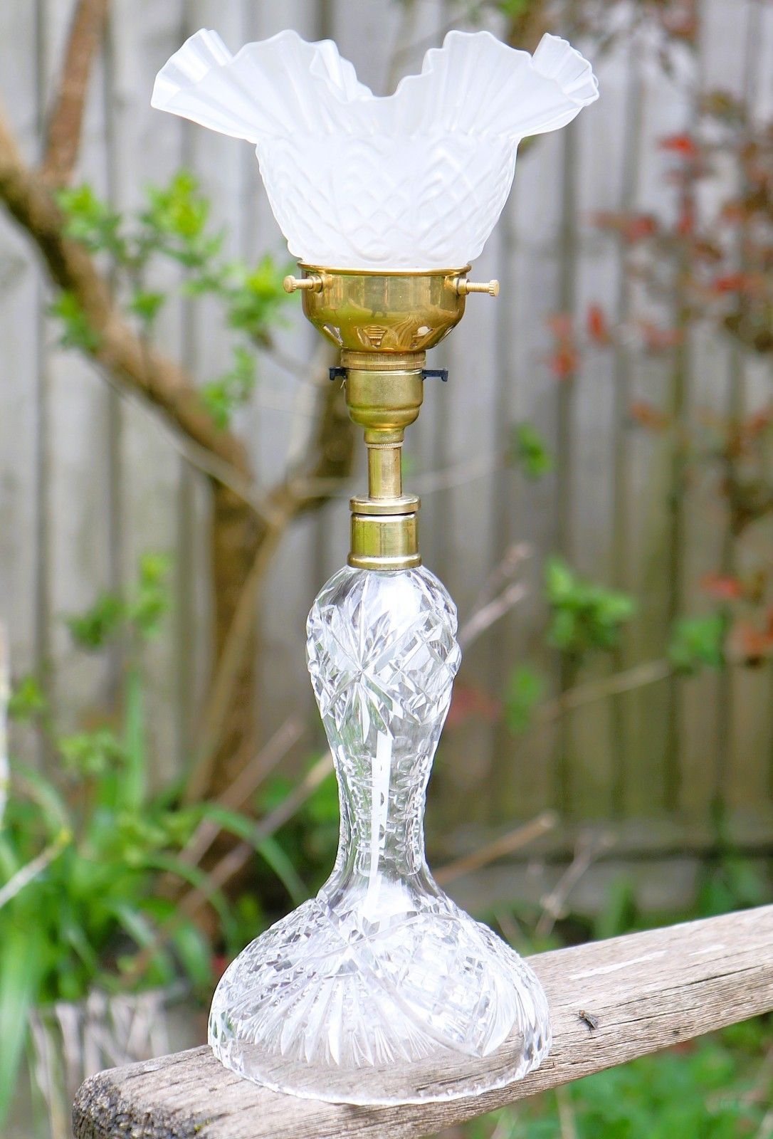 Table Lamp Antique Heavy Cut Lead Crystal Side Lamp + Period Frilled Glass Shade photo 118.0