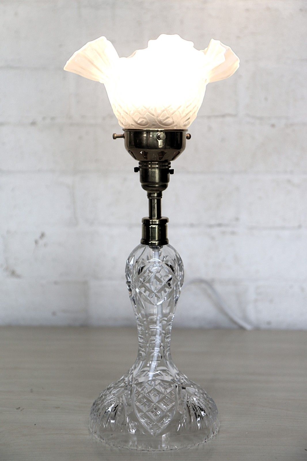 Table Lamp Antique Heavy Cut Lead Crystal Side Lamp + Period Frilled Glass Shade photo vinterior