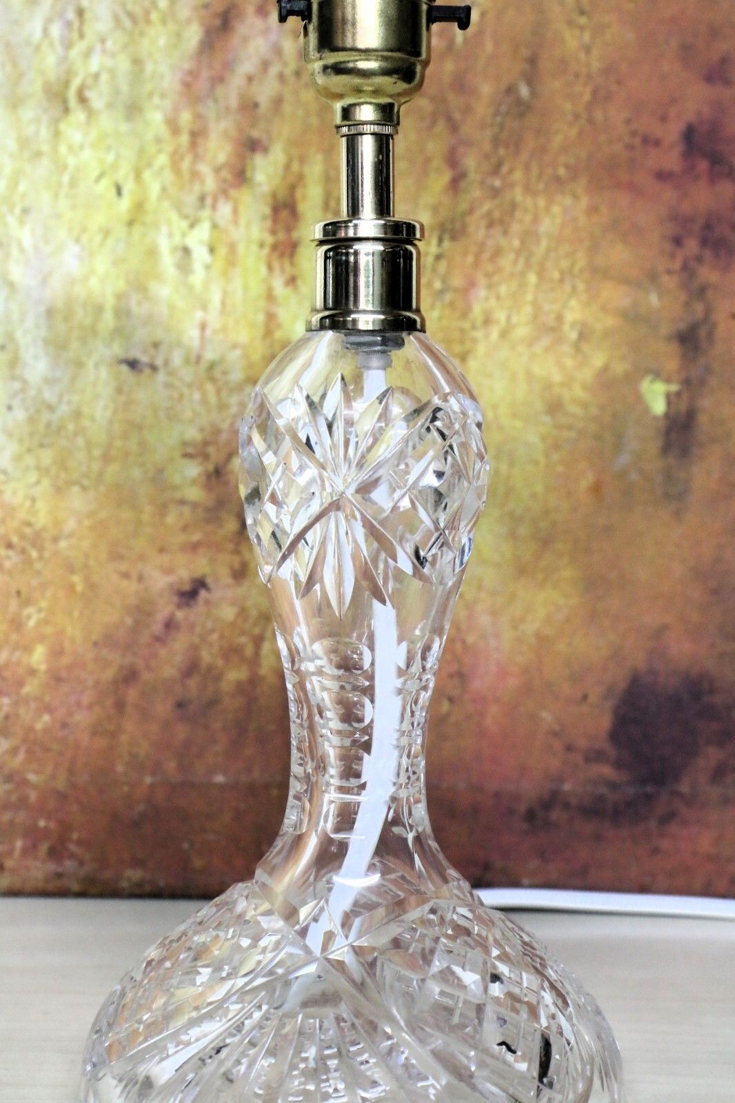 photo for sale Table Lamp Antique Heavy Cut Lead Crystal Side Lamp + Period Frilled Glass Shade