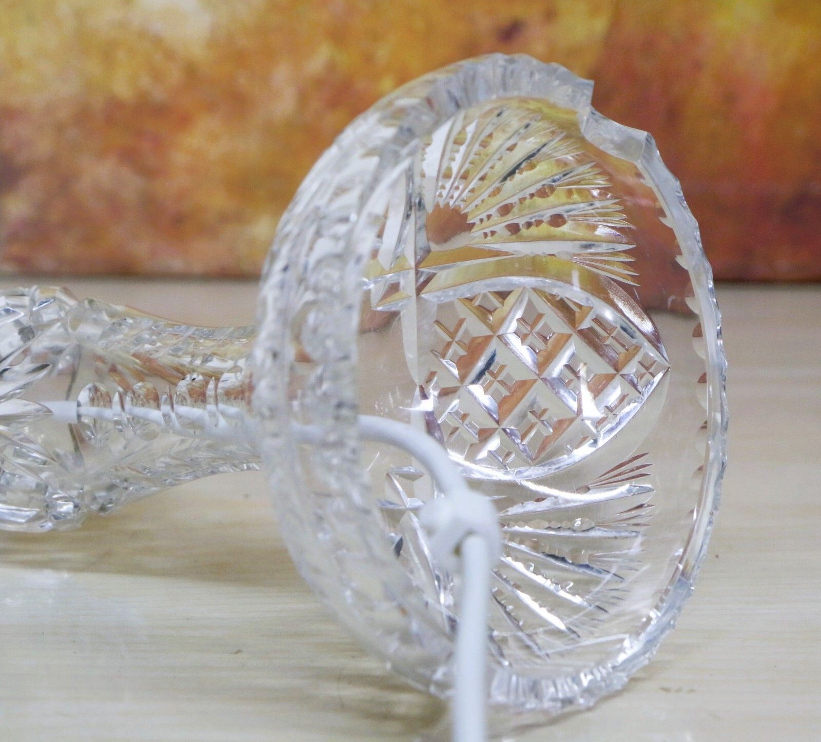 photo buy Table Lamp Antique Heavy Cut Lead Crystal Side Lamp + Period Frilled Glass Shade