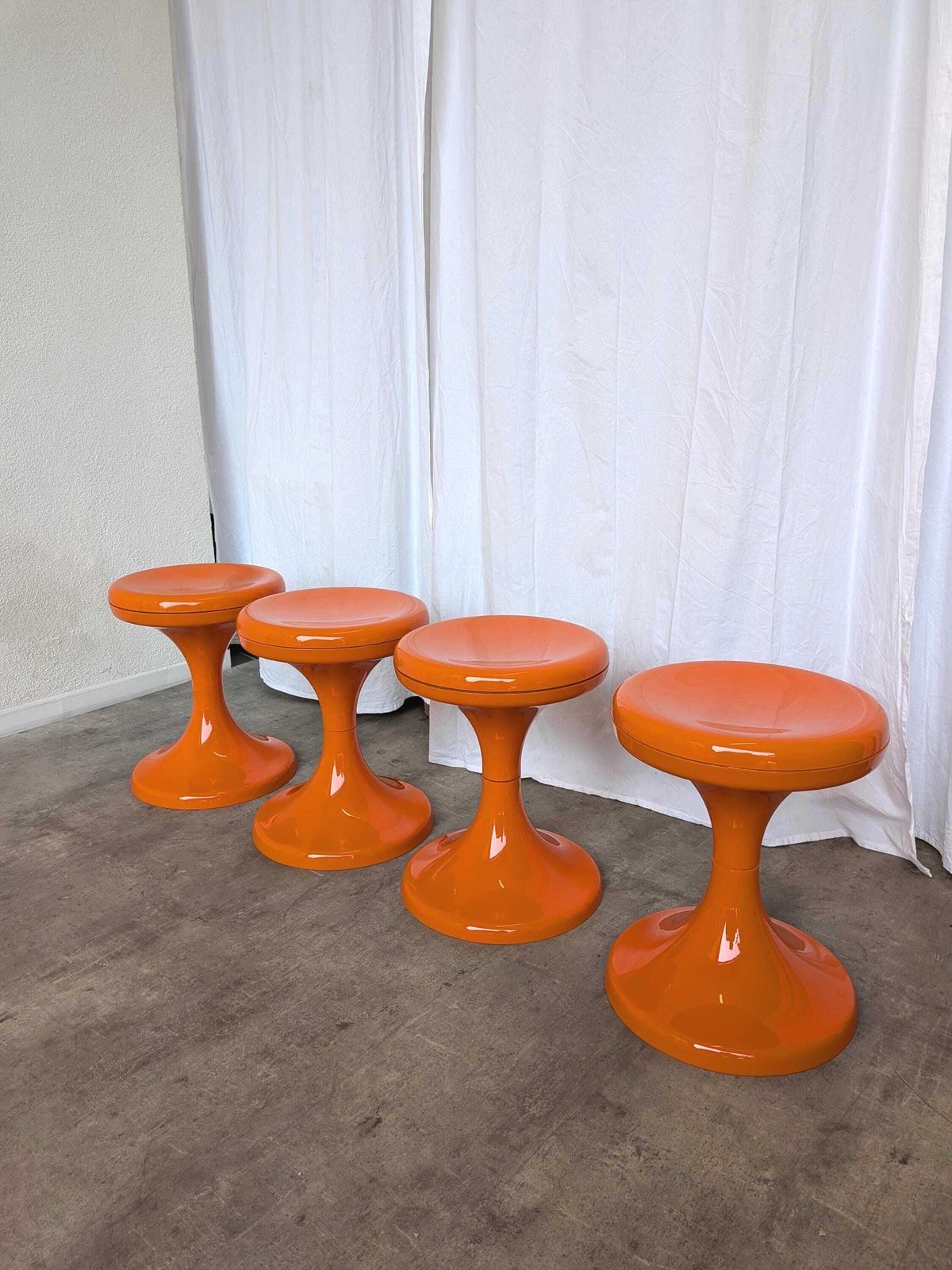 Set Of 4 Vintage Mushroom Stools, Retro Orange 1960s Space Age Meblo Jurček photo furniture