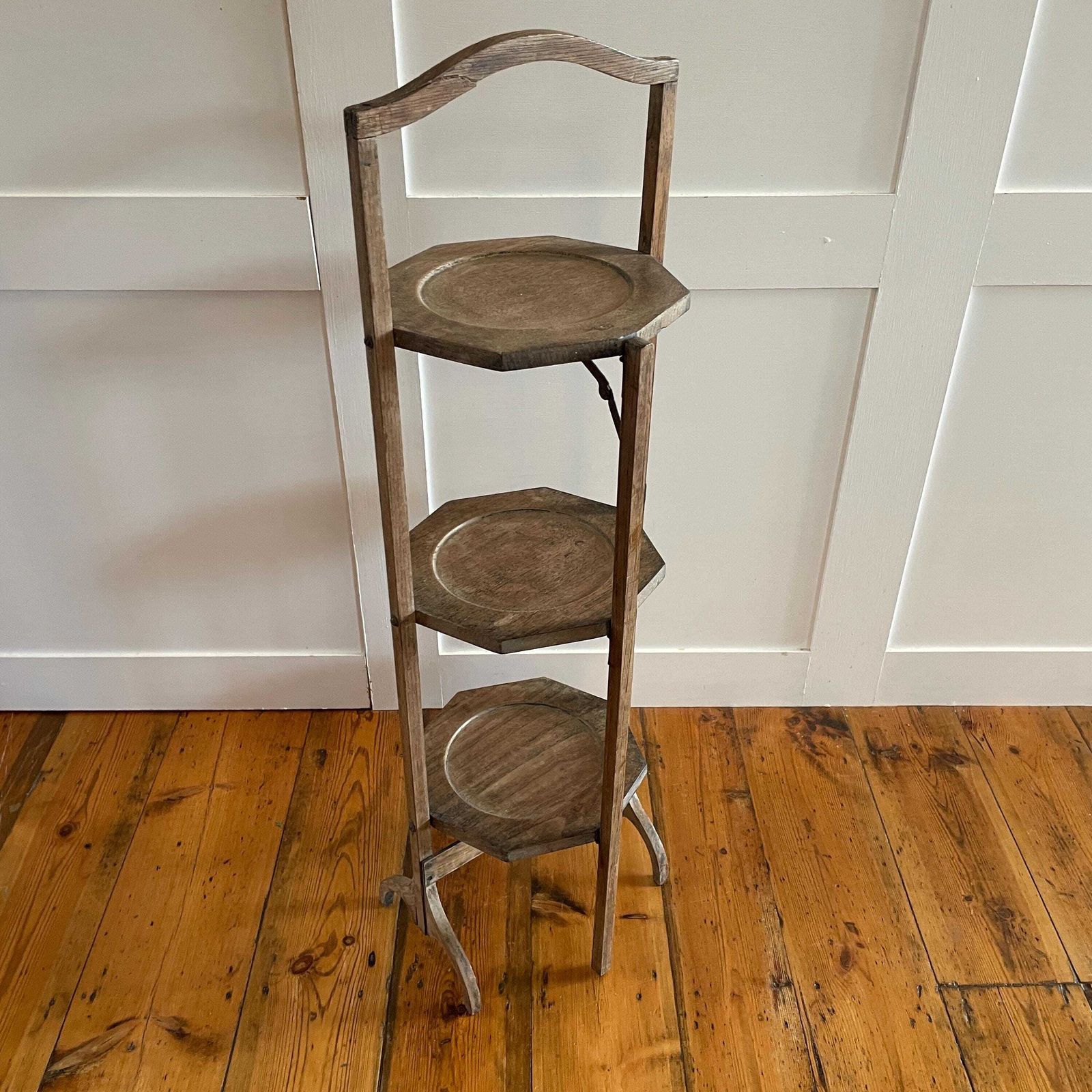 photo furniture Edwardian Folding Cake Stand 3 Tier Display Stand Kitchen Bakery Octagon Trays Early 1900's Antique Kitchen Bakery Display Plant Stand