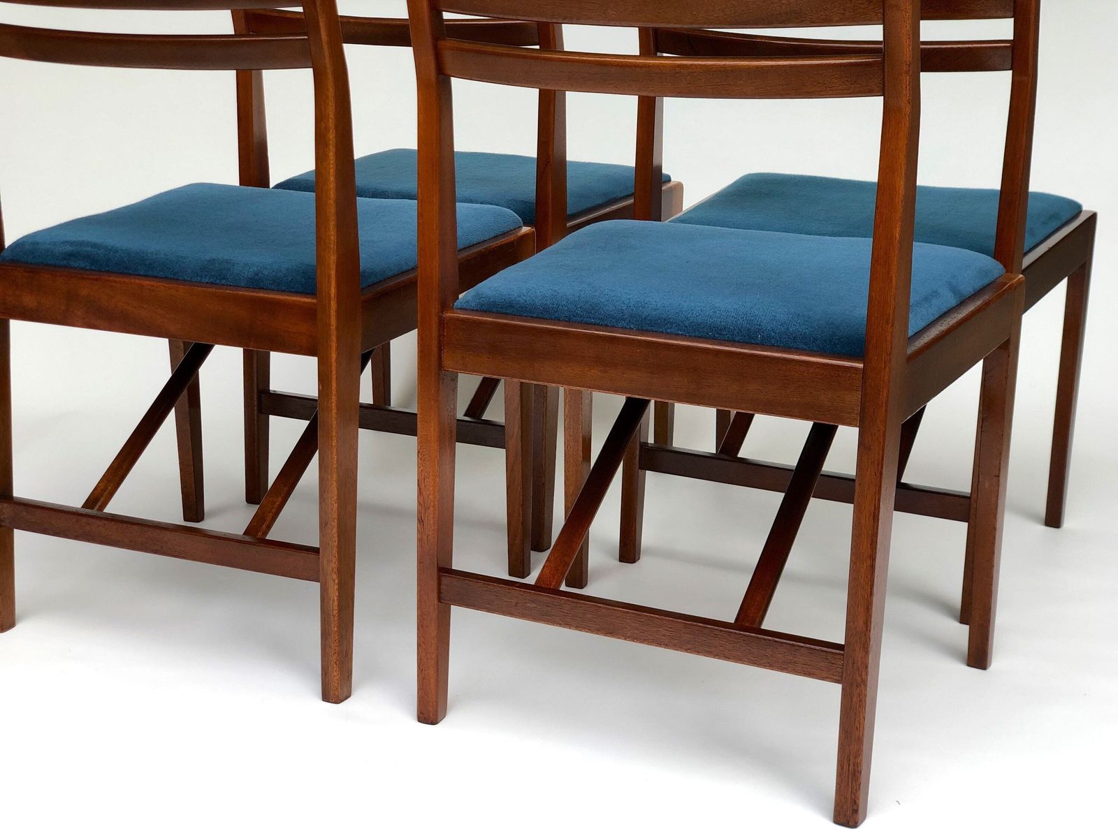 Danish Mcm Set Of 4 Teak Chairs 1970s With Blue Upholstered Seat Pad photo for sale