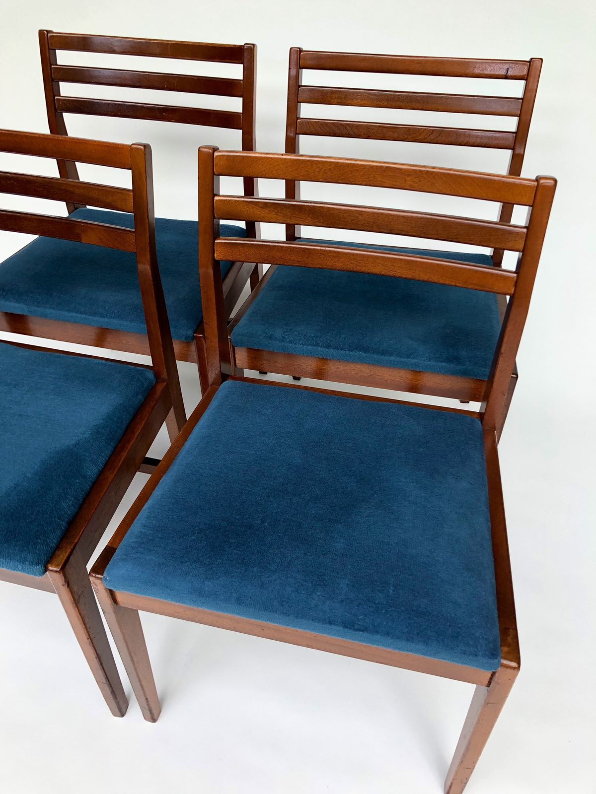 Danish Mcm Set Of 4 Teak Chairs 1970s With Blue Upholstered Seat Pad photo Furniture