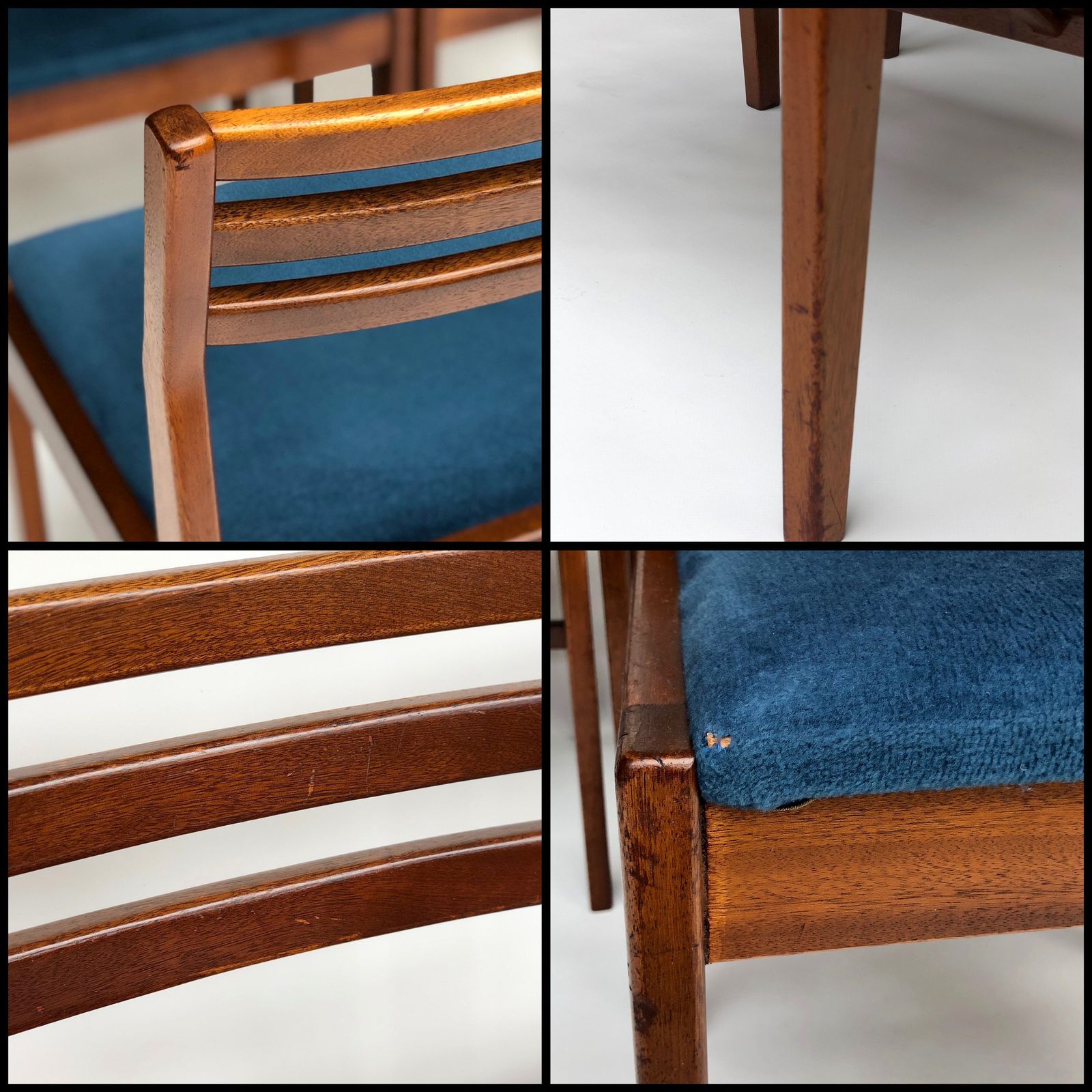 Danish Mcm Set Of 4 Teak Chairs 1970s With Blue Upholstered Seat Pad photo 500.0