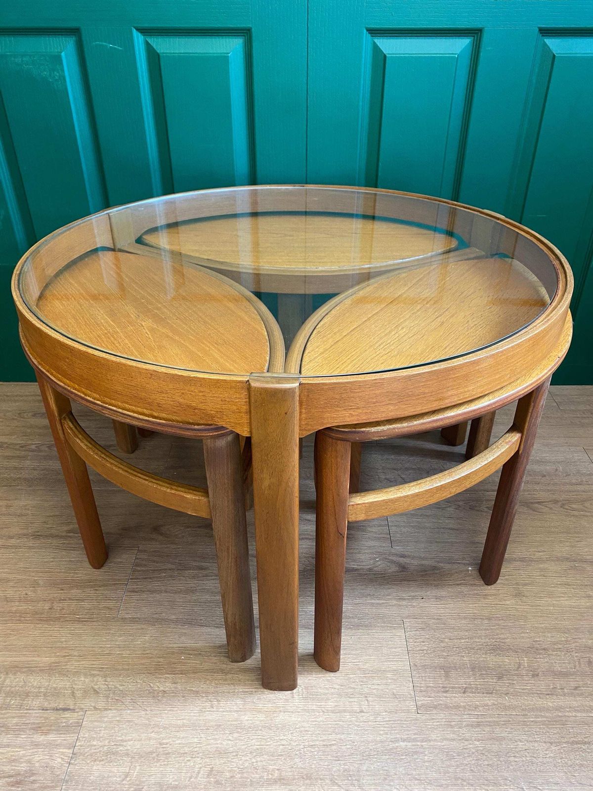 Mid Century 1960s Danish Style Teak Nathan Trinity Circular Glass Coffee Table Nest Of Tables