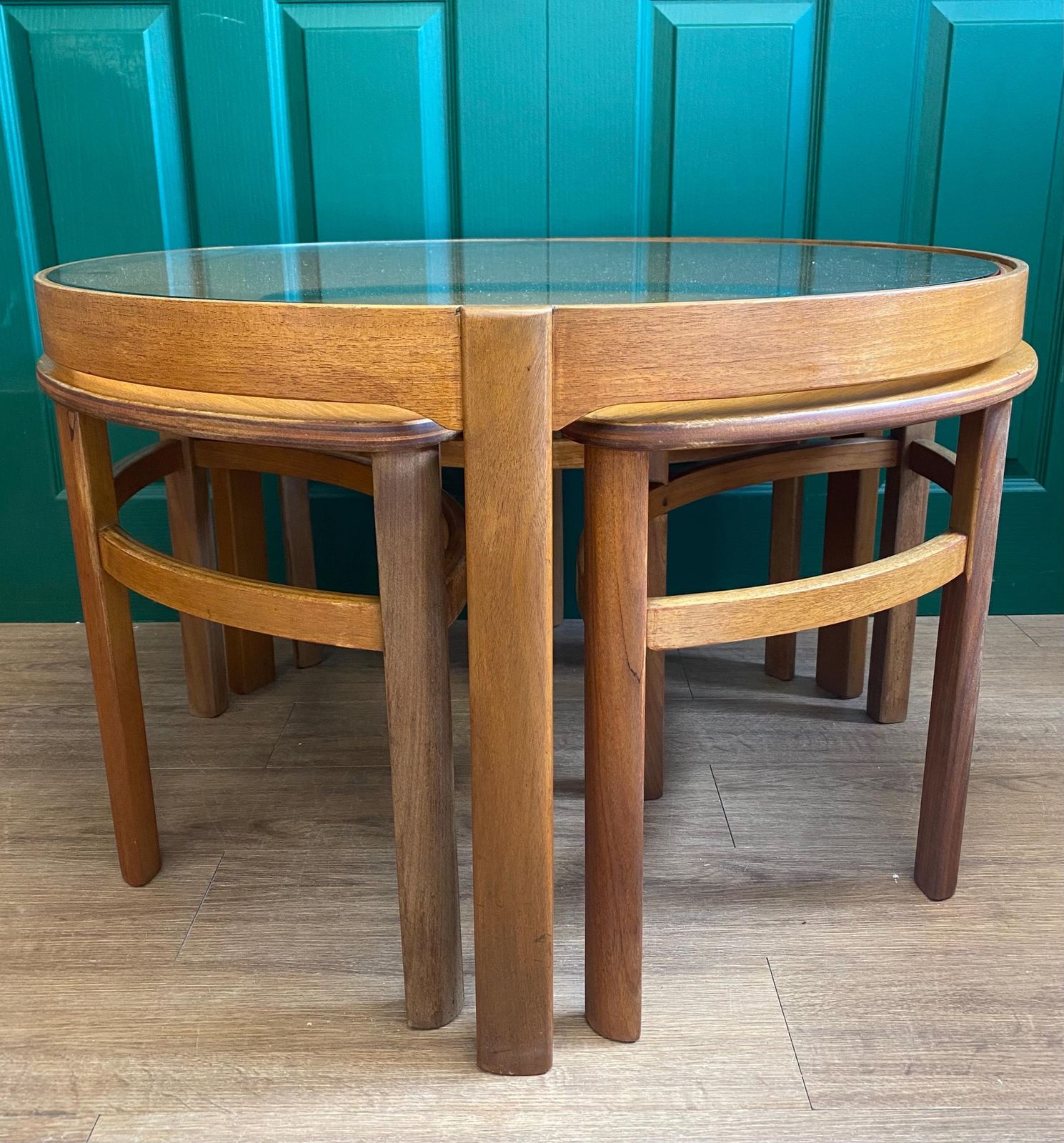 Mid Century 1960s Danish Style Teak Nathan Trinity Circular Glass Coffee Table Nest Of Tables photo for sale