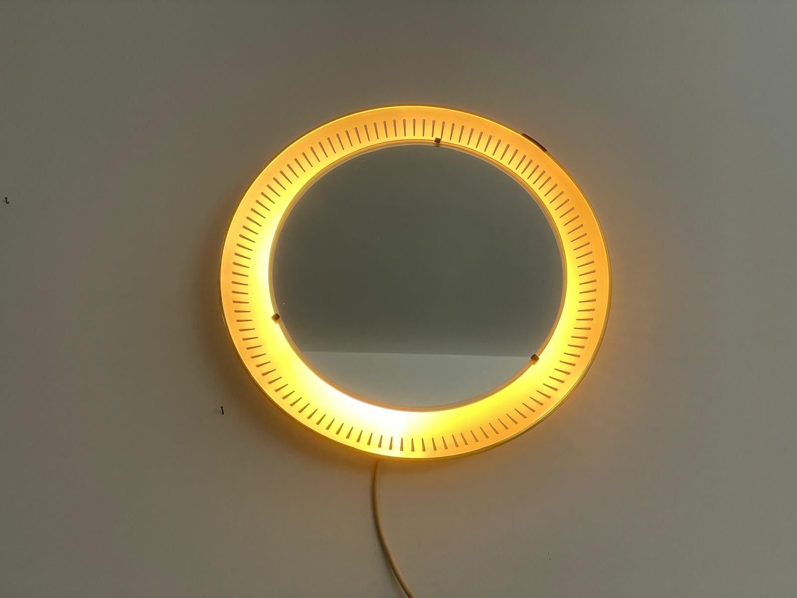 Mid Century Round Yellow And White Wall Mirror With Light By Hillebrand, 1950s photo for sale