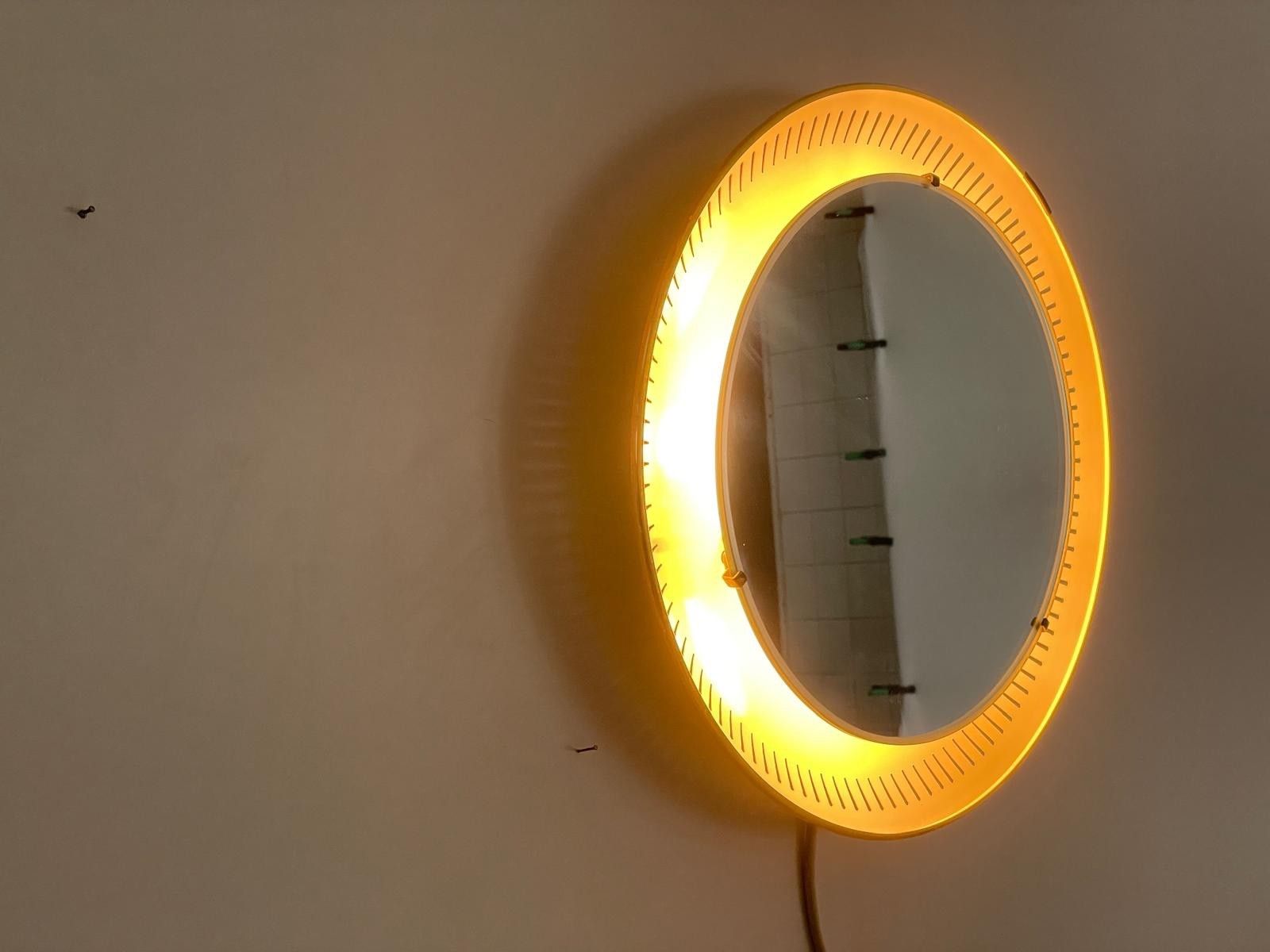 Mid Century Round Yellow And White Wall Mirror With Light By Hillebrand, 1950s photo 640.0