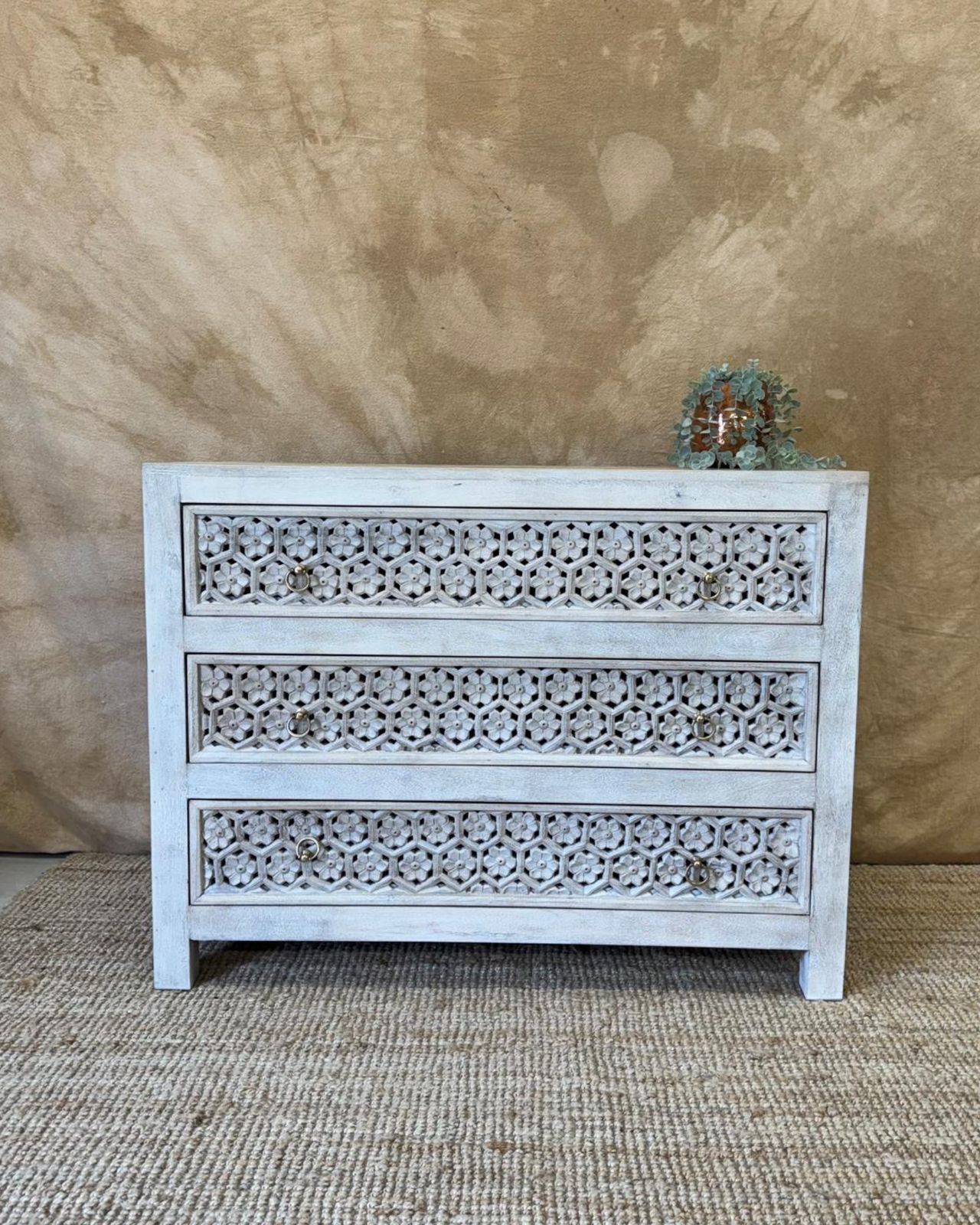 Hand Carved Mango Wood Three Drawer Chest – Jali Design In Creamwash Finish