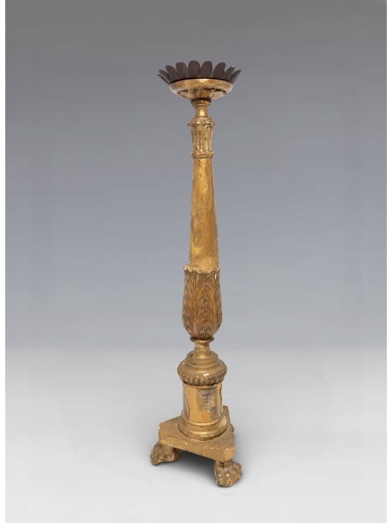 A Continental Naïve Giltwood Pricket Candlestick, 19th Century photo for sale