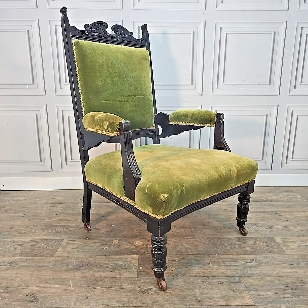 Antique Armchair Carved Wood Upholstered Elbow Chair Castors Victorian Vintage