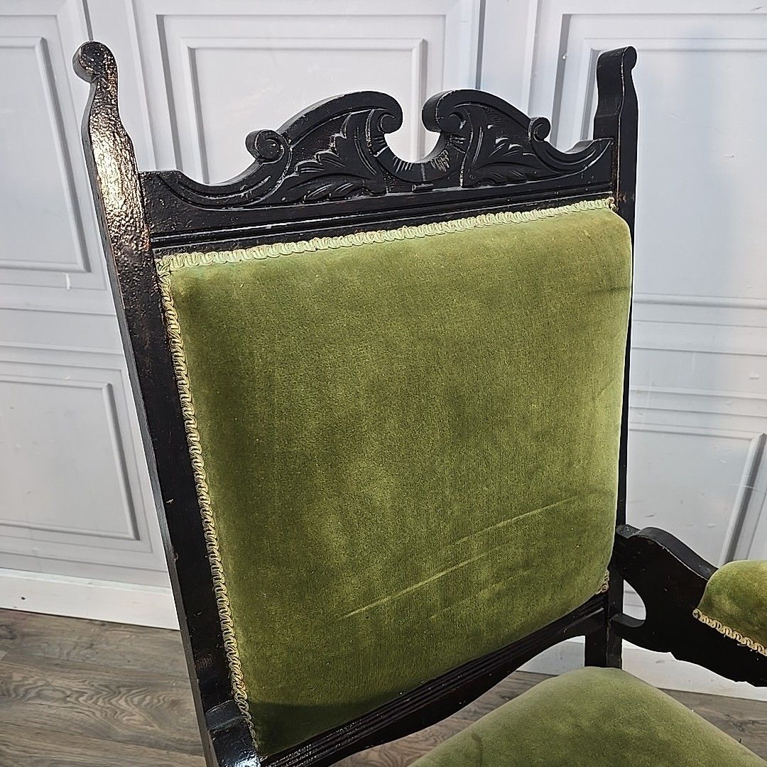 Antique Armchair Carved Wood Upholstered Elbow Chair Castors Victorian Vintage photo Furniture