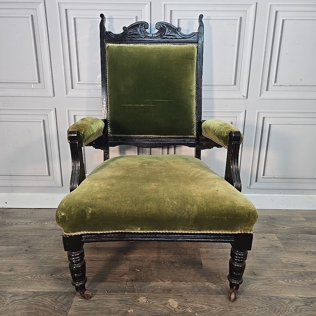 Antique Armchair Carved Wood Upholstered Elbow Chair Castors Victorian Vintage photo vintage