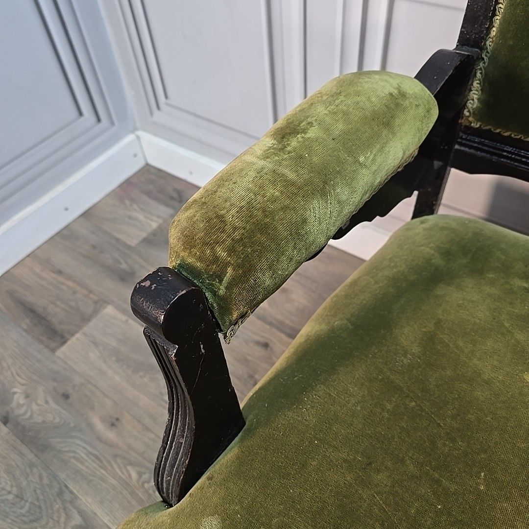 photo for sale Antique Armchair Carved Wood Upholstered Elbow Chair Castors Victorian Vintage