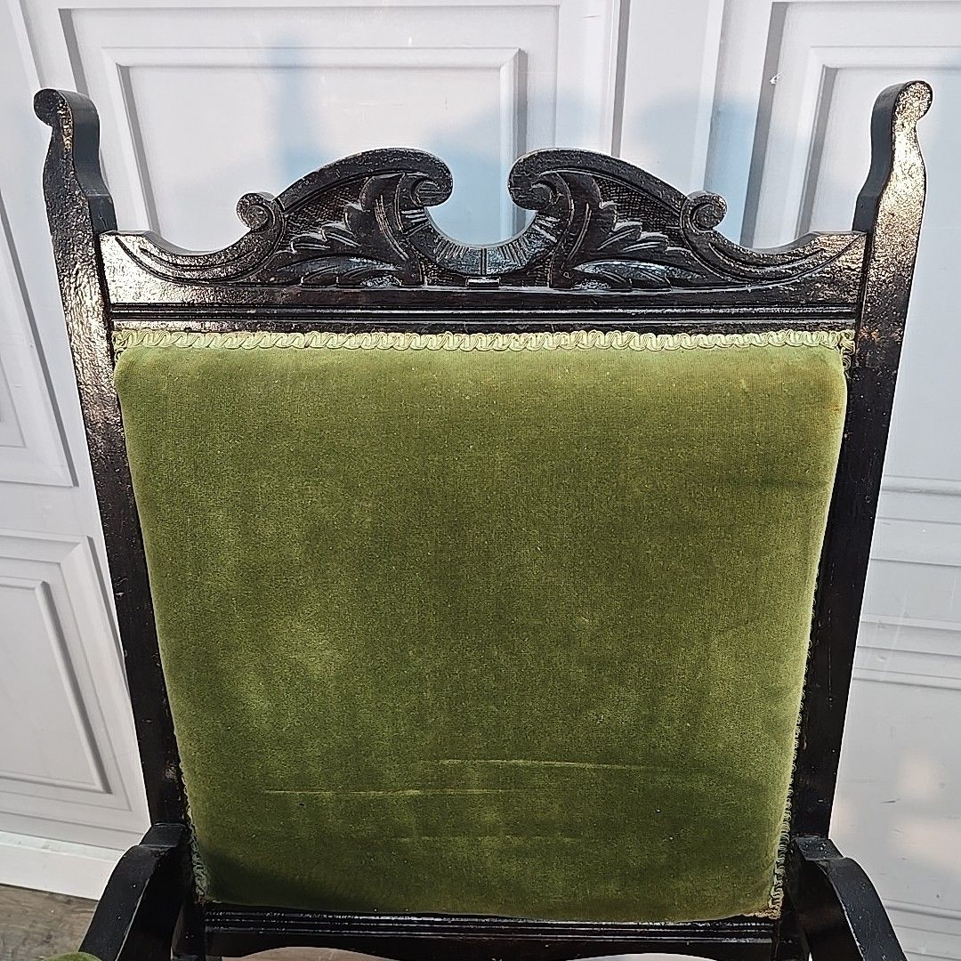 photo buy Antique Armchair Carved Wood Upholstered Elbow Chair Castors Victorian Vintage