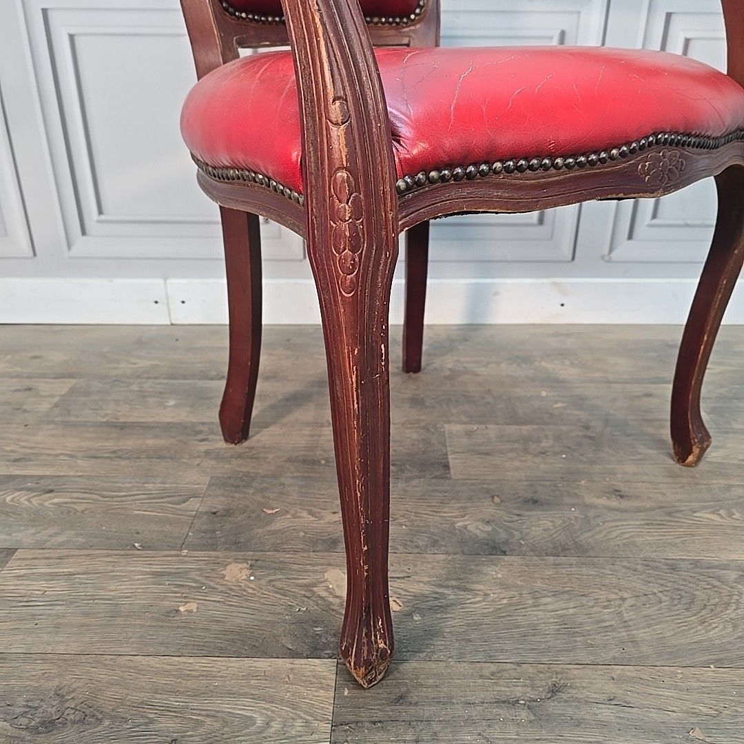 Vintage Chesterfield Armchair Louis XV Style Red Button Back Upholstered Wood photo for sale