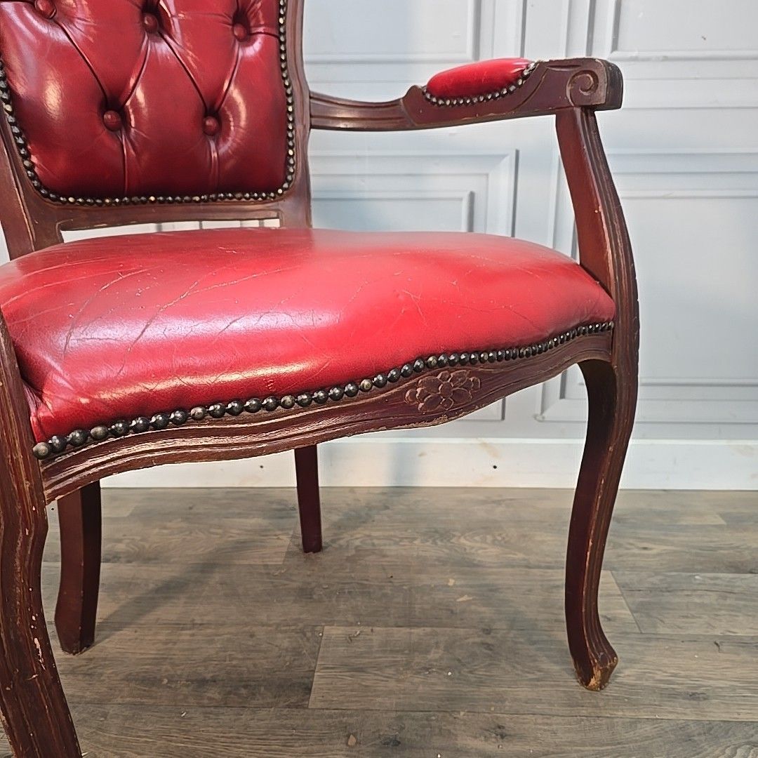 Vintage Chesterfield Armchair Louis XV Style Red Button Back Upholstered Wood photo Furniture