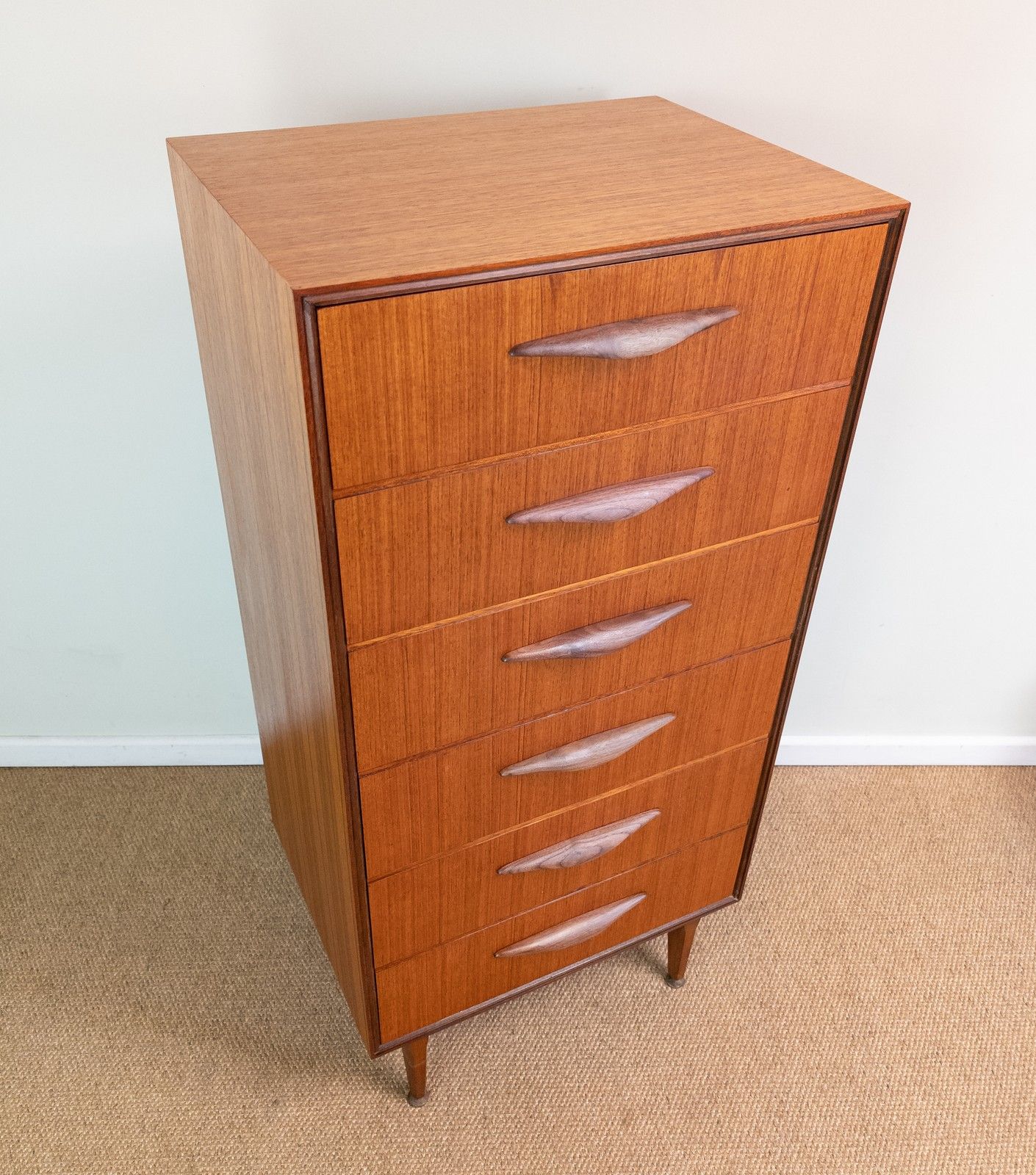 Refinished Vintage Mid Century Teak 127cm Tall Chest Of Drawers Tallboy, Meredew photo vintage