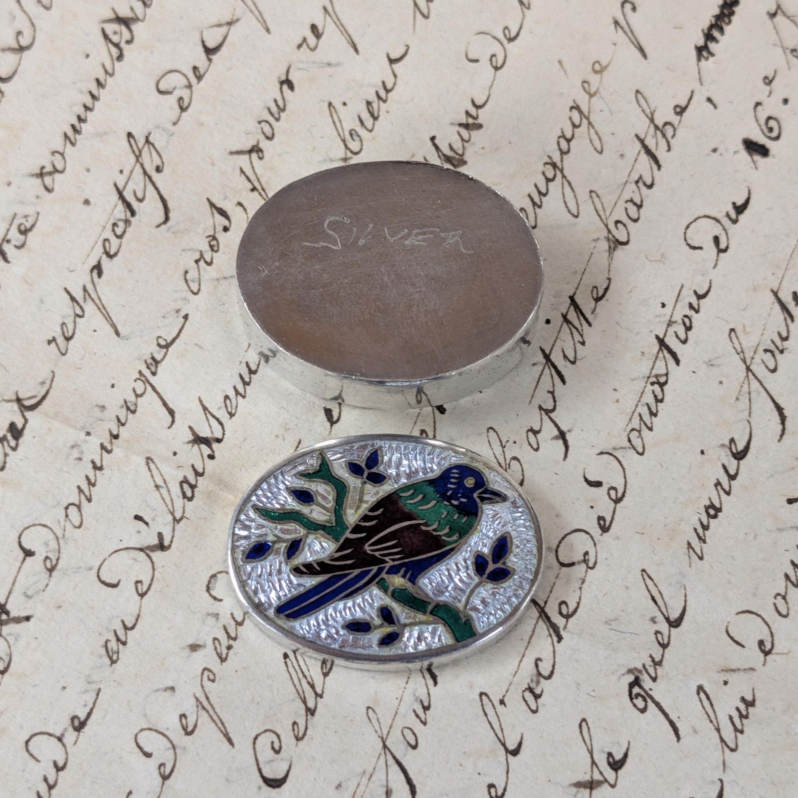 Vintage Silver Enamel Pill Box, Oval Bird Motif Indian Trinket Snuff Case photo vintage