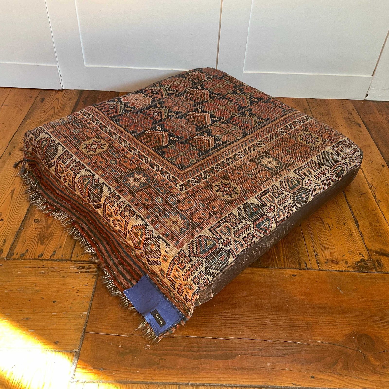 Large Kilim Floor Cushion Leather Base Boho Ottoman Pillow Pouffe Moroccan Hand Woven Handmade Living Room Decorative Accent photo vintage