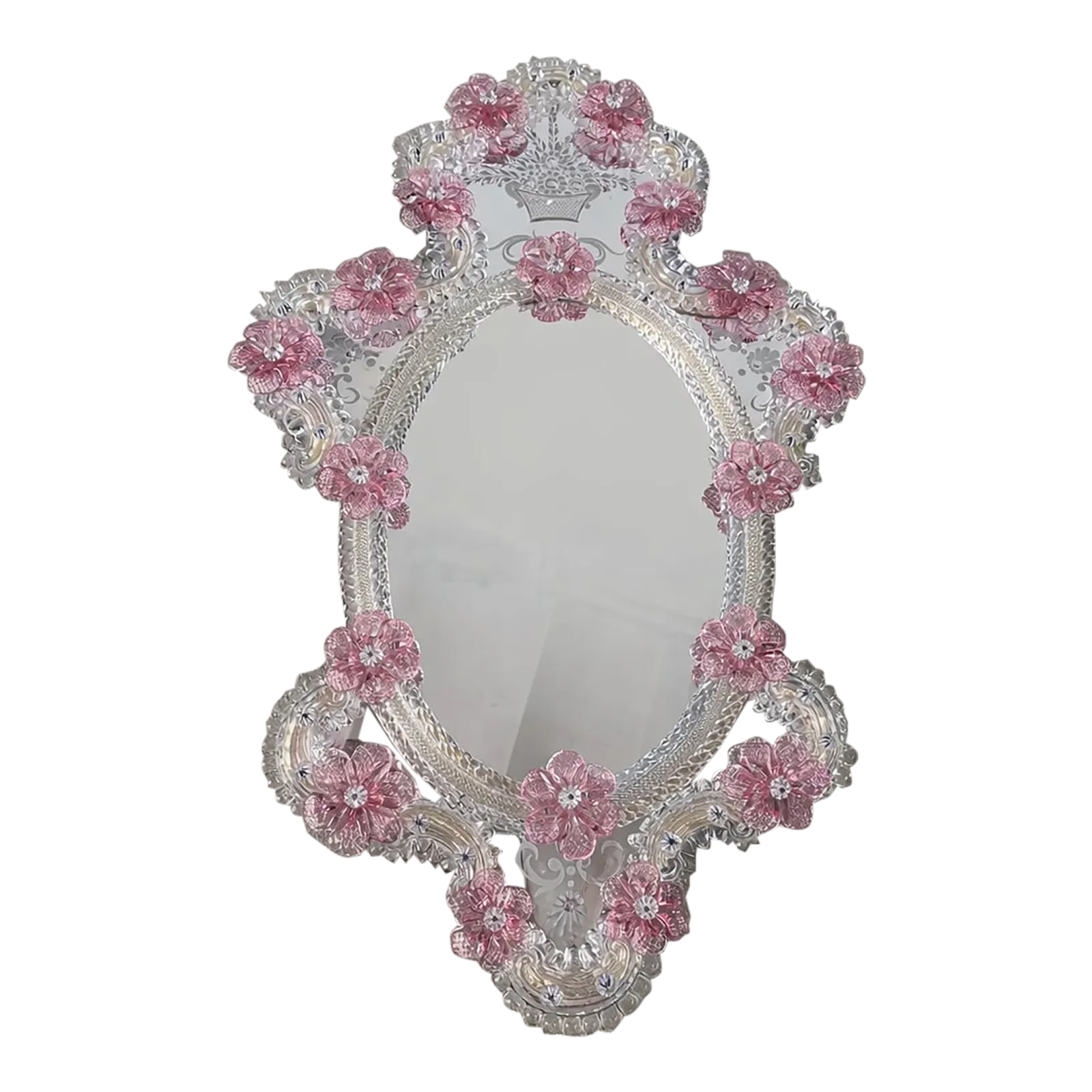 Italian 2000s Venetian Oval Pink Floreal Hand Carving Mirror In Murano Glass Style