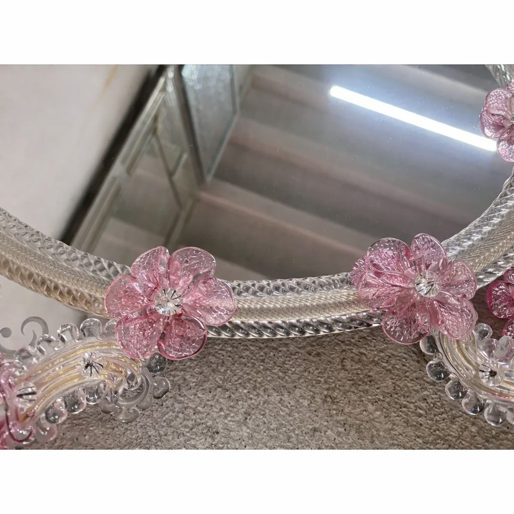 photo furniture Italian 2000s Venetian Oval Pink Floreal Hand Carving Mirror In Murano Glass Style