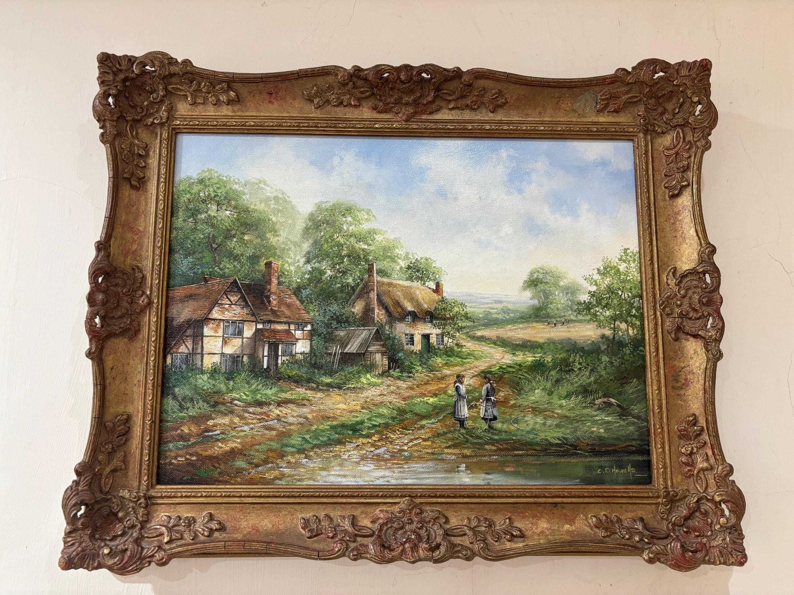 Chris D Howells Original Oil On Canvas " Children Playing" Ornate Gilt Frame