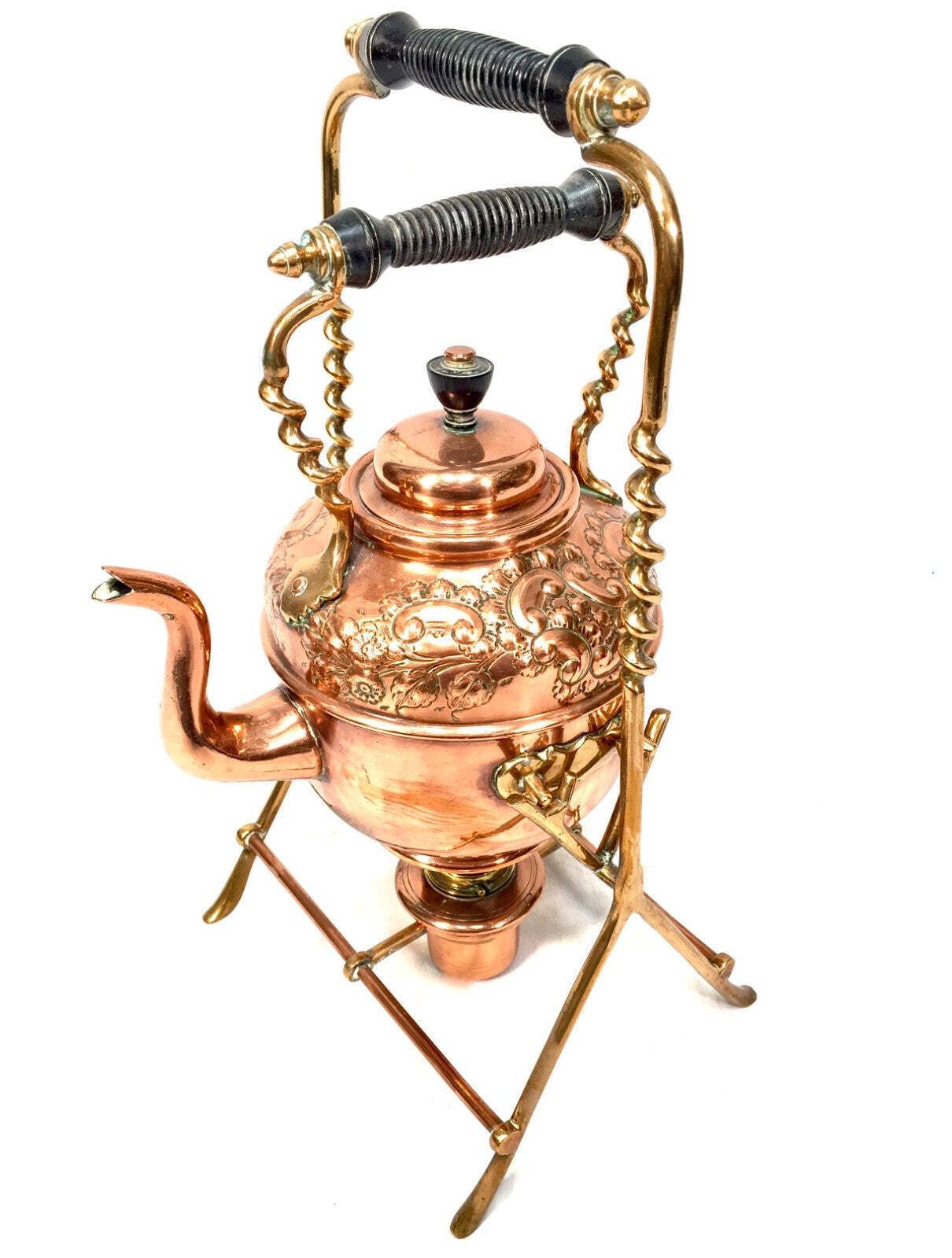 Antique Victorian Metal Copper & Brass Spirit Kettle Pot With Matching Stand photo furniture