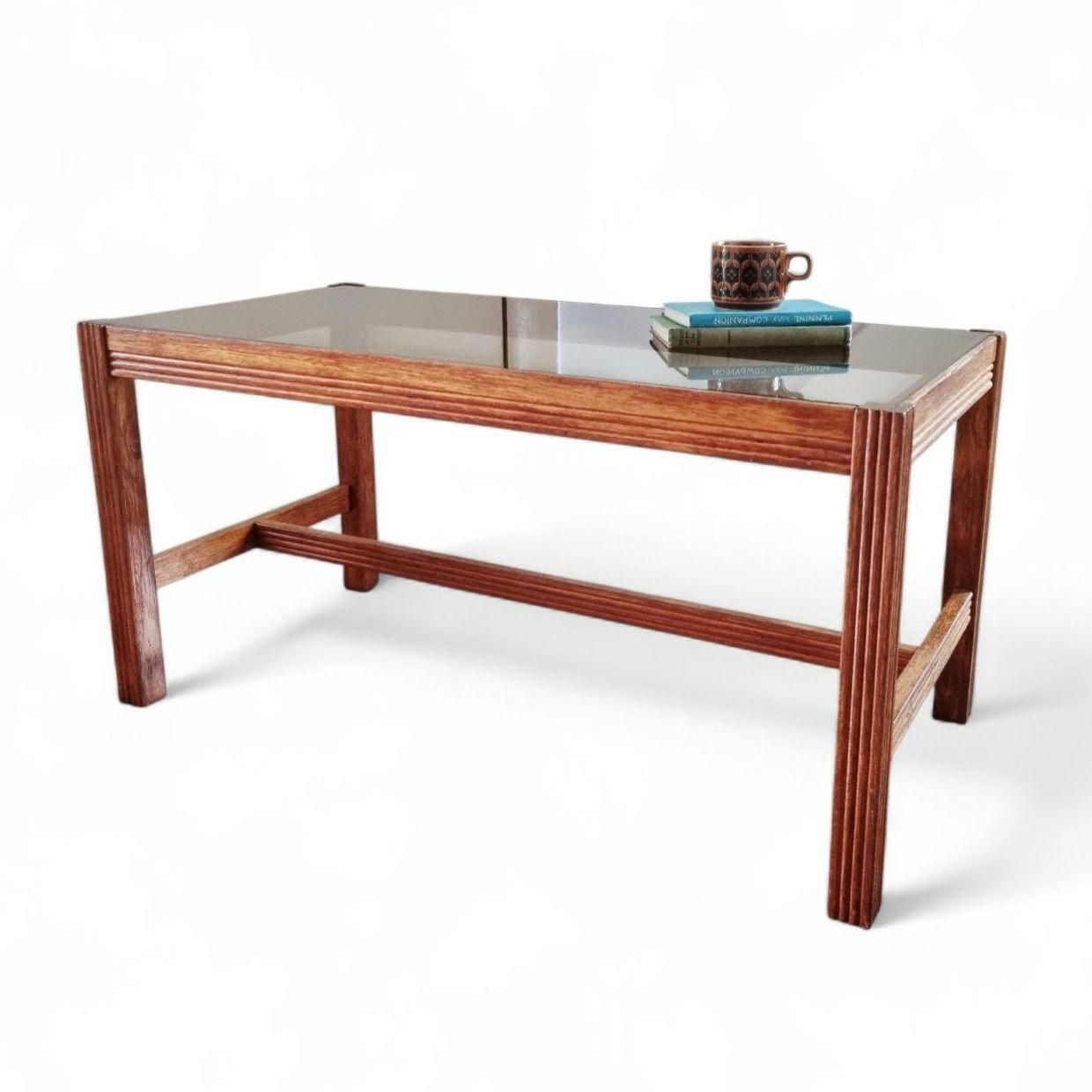 Vintage Mid Century Coffee Table With Smoked Glass Top And Ribbed Wood Legs