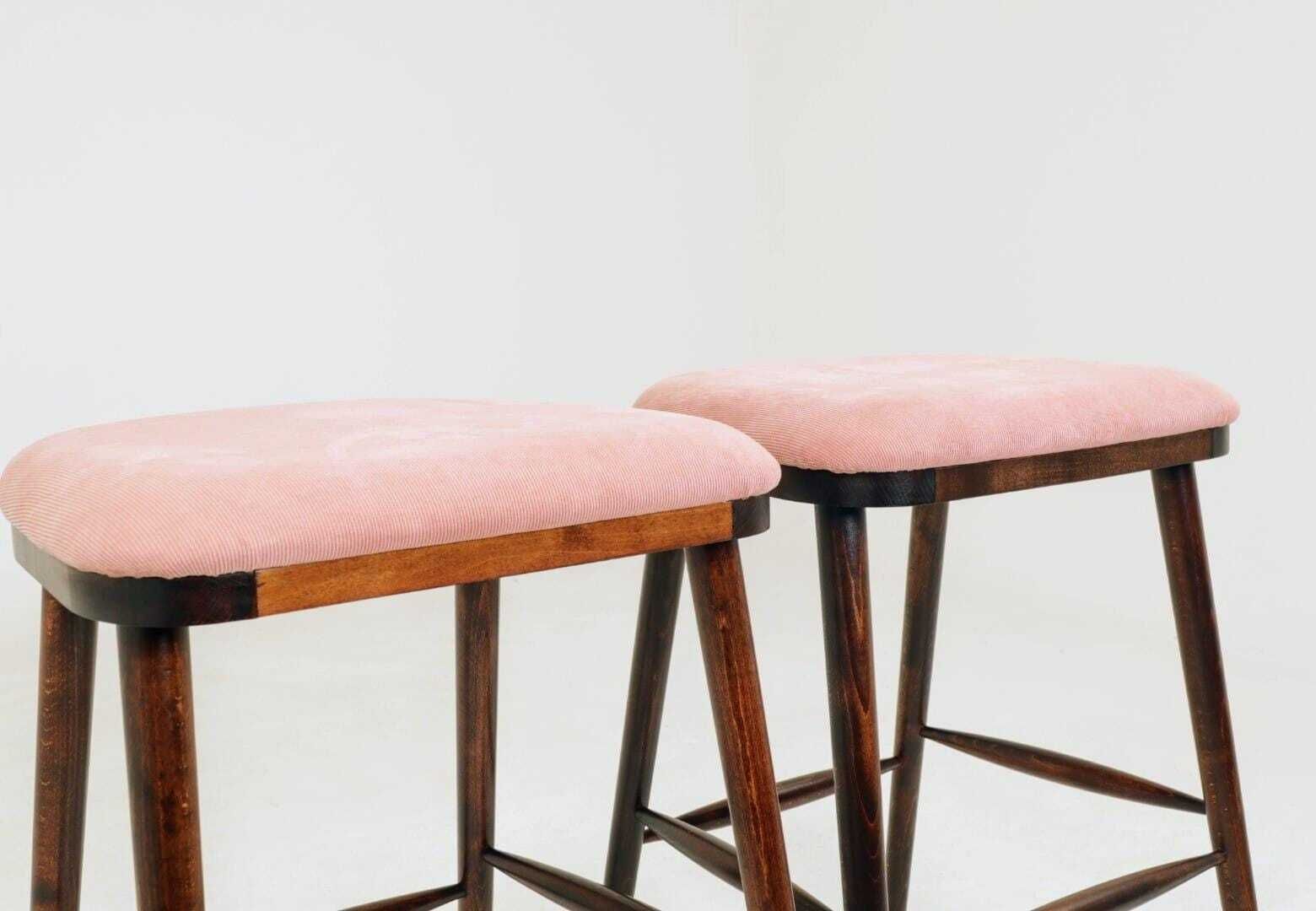 Pair Bar Stools In Vintage Style, Rose Corduroy Fabric photo vintage