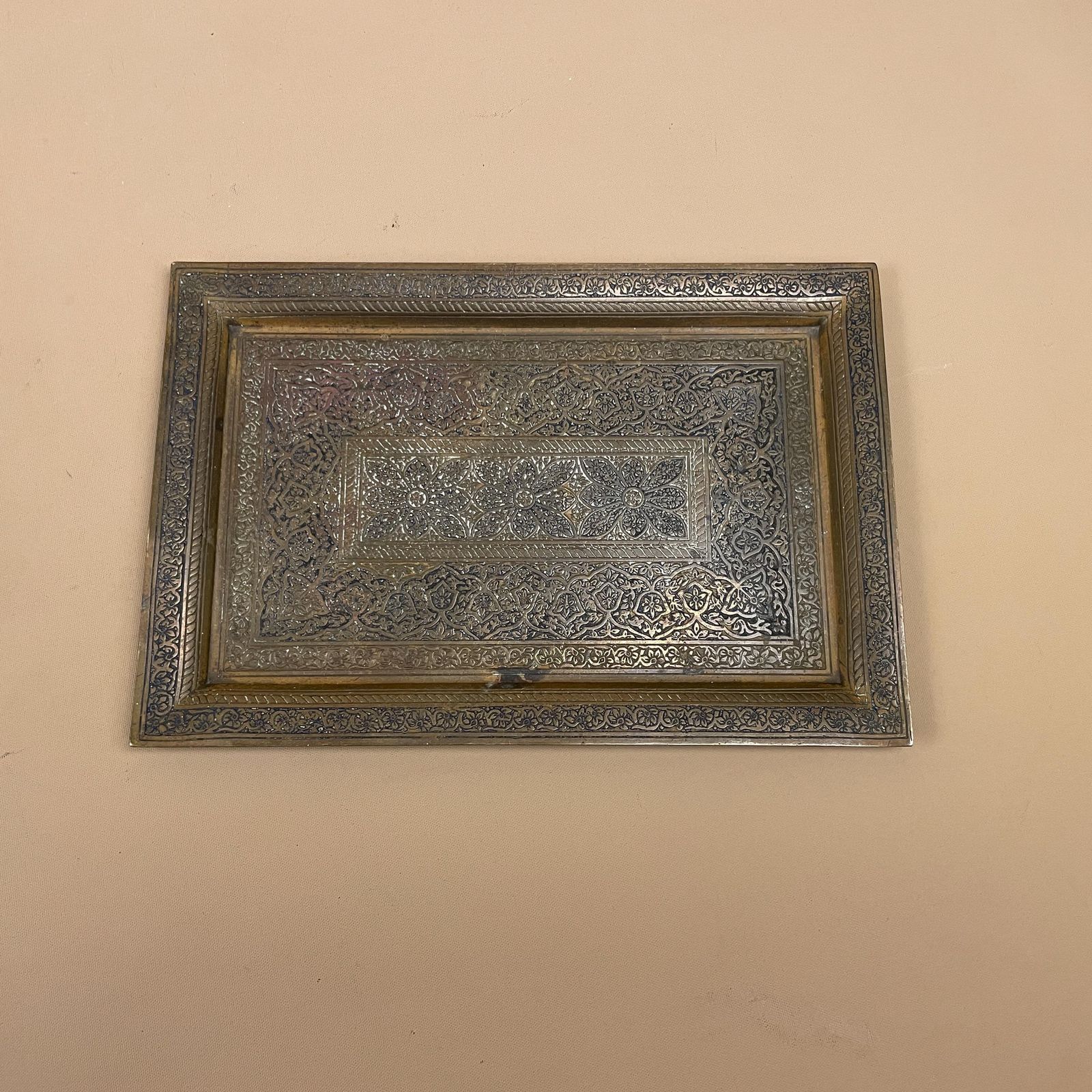 Indian Patterned Brass Tray Metal Gold 20x13.5cm Asian Handmade Etched Intricate Decorative Patterned Small Art Rectangle Vintage Antique