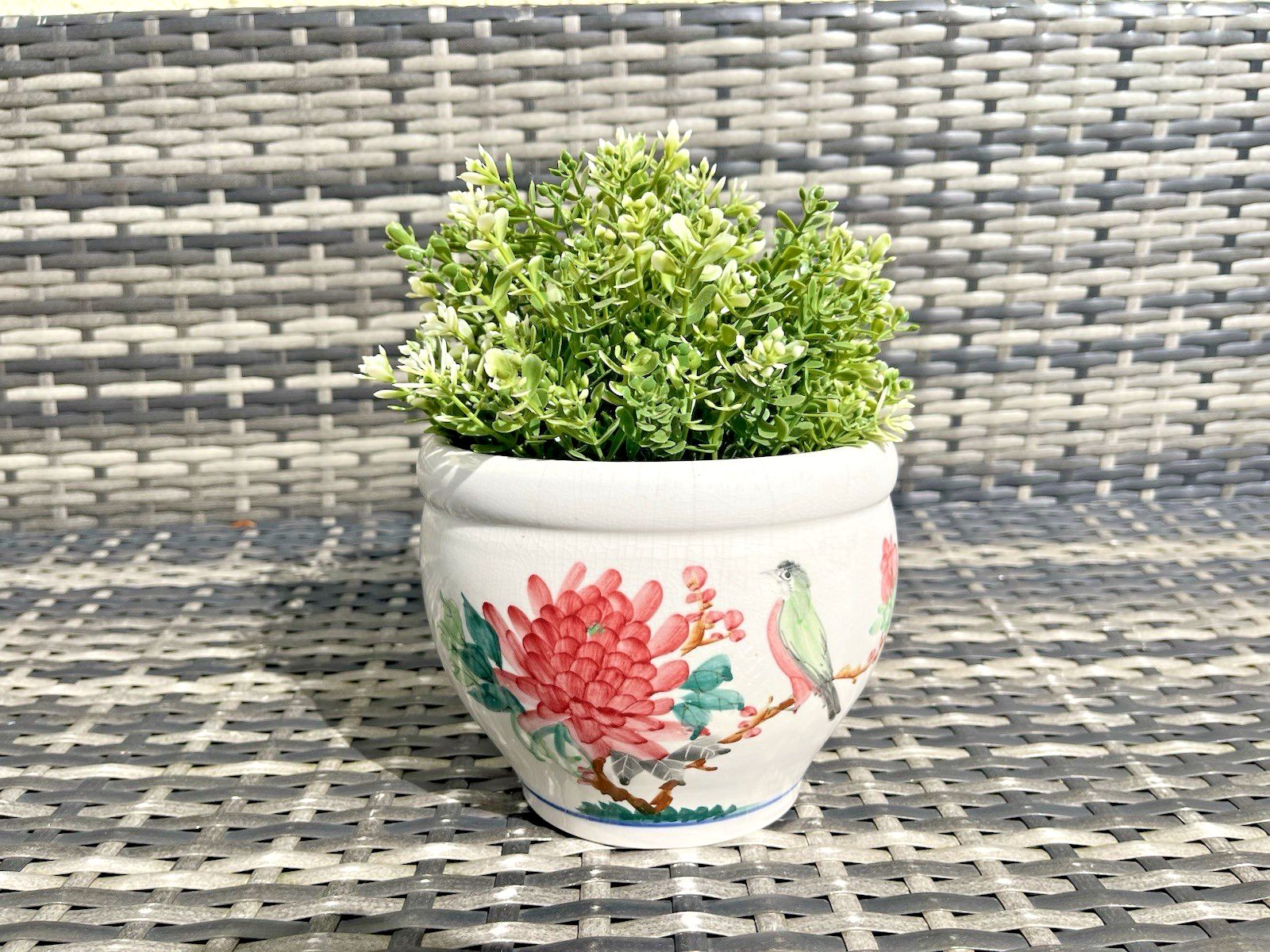 Vintage Chinese Porcelain Bird Chrysanthemum Famille Rose Plant Pot Jardiniere photo furniture