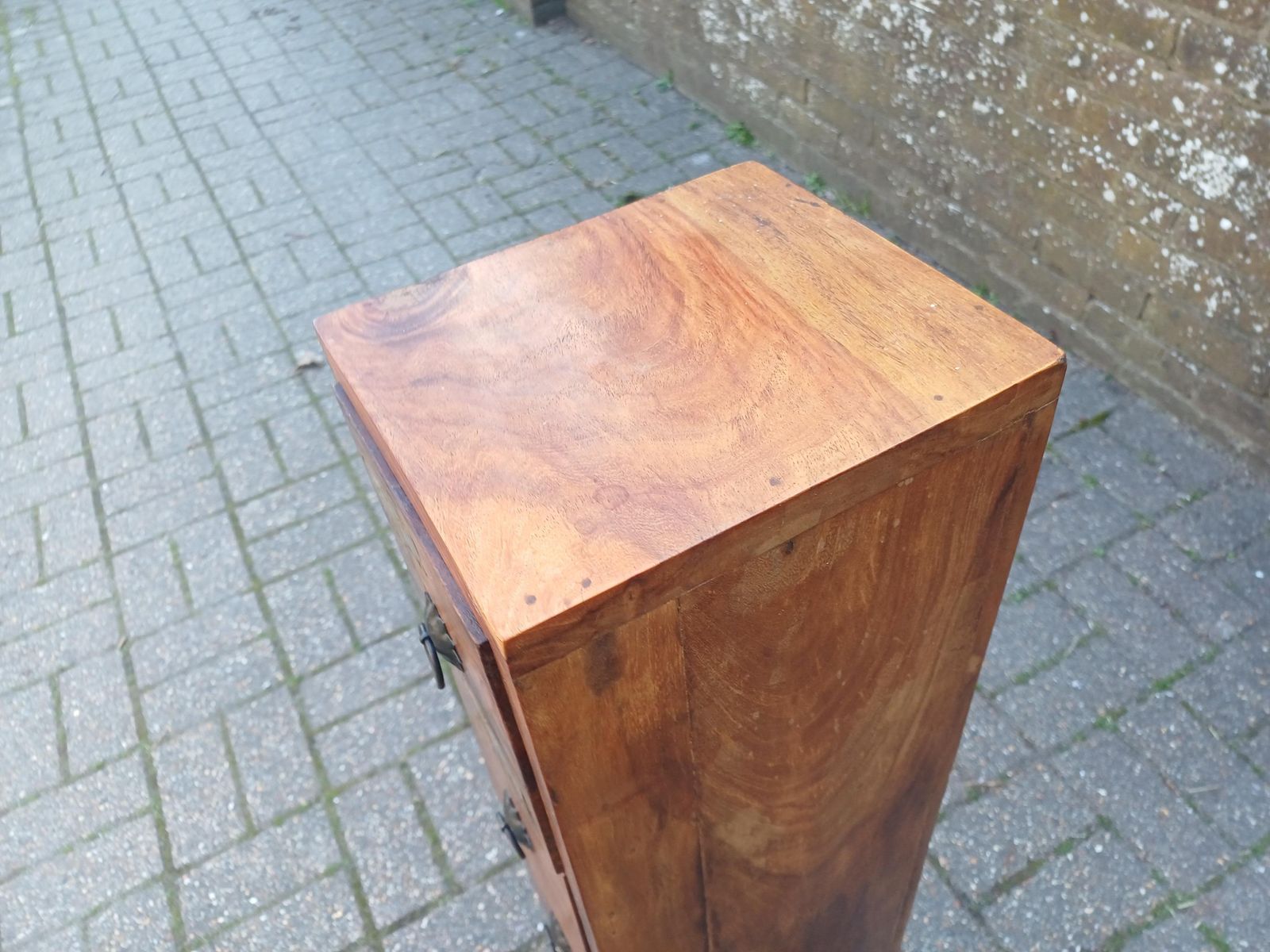 Vintage Teak Thin Chest Of Drawers Elephant Motif Brass Handles Slim Storage Cabinet Solid Wood 1980s Oriental Style photo furniture