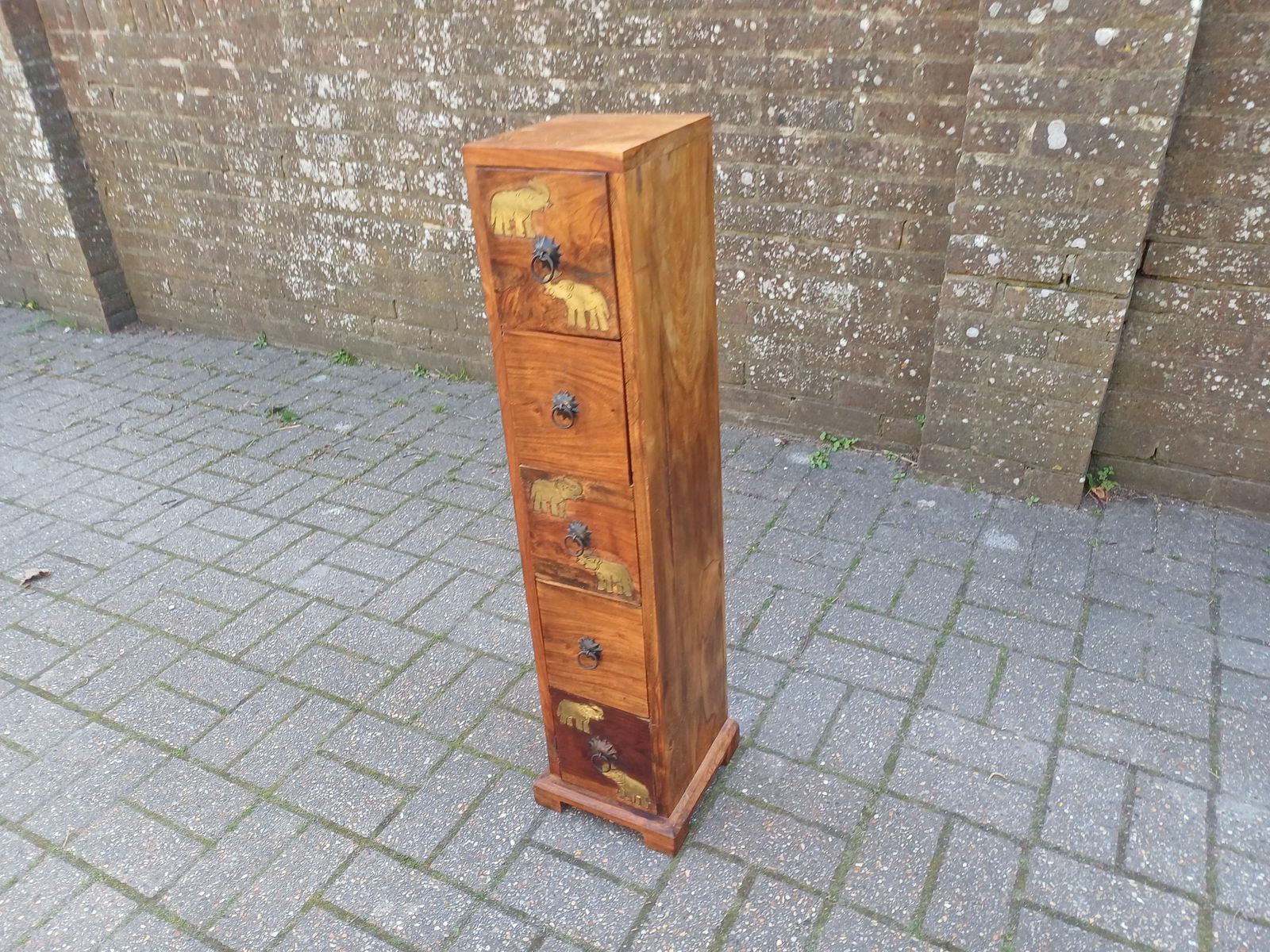 295.0 Vintage Teak Thin Chest Of Drawers Elephant Motif Brass Handles Slim Storage Cabinet Solid Wood 1980s Oriental Style photo