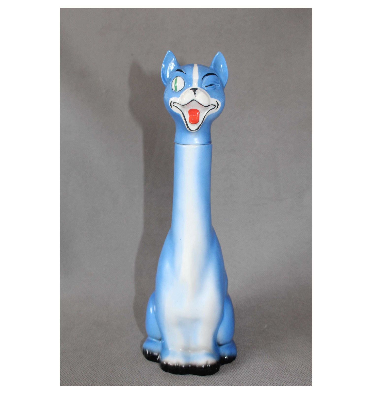 Rare Antique Art Deco German Blue Ceramic Winking Cat Decanter, Comical, Schafer Style, Figural, Handpainted, Novelty, Germany