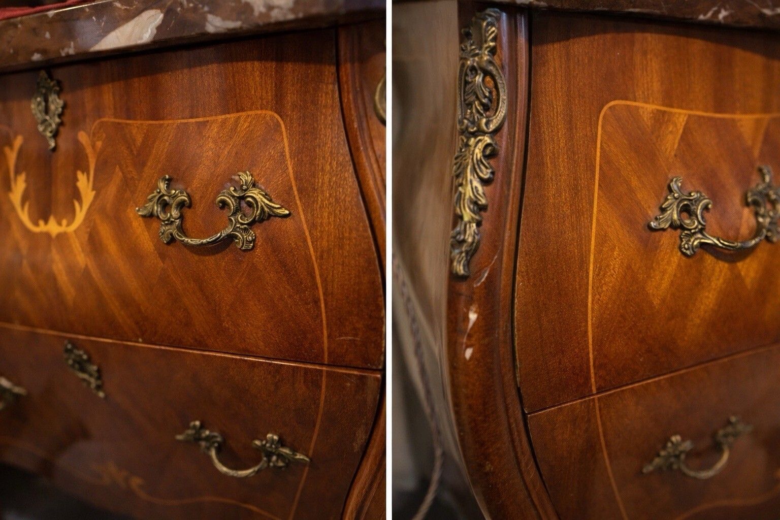 French Style Bombe Chest Of Drawers Marquetry Detail   Commode Marble Top photo Furniture