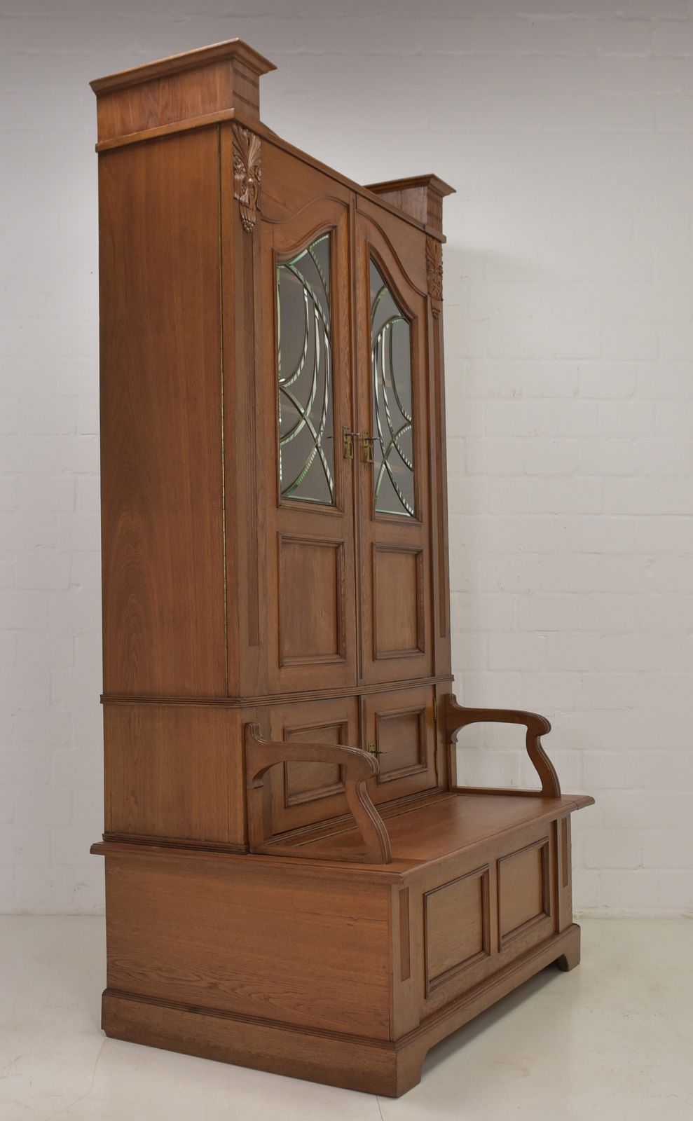 photo for sale Antique! Restored Art Nouveau Oak Bookcase With Storage Bench. Library Cabinet