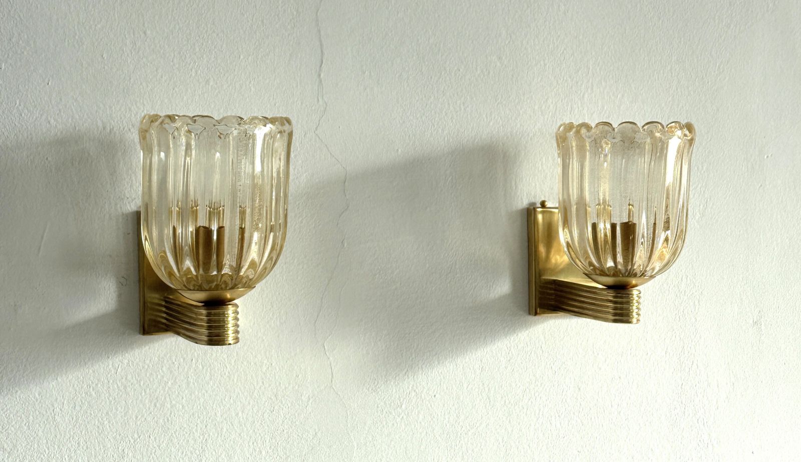 Italian Murano Crystal Glass And Brass Wall Sconces In The Art Deco Style photo Lighting