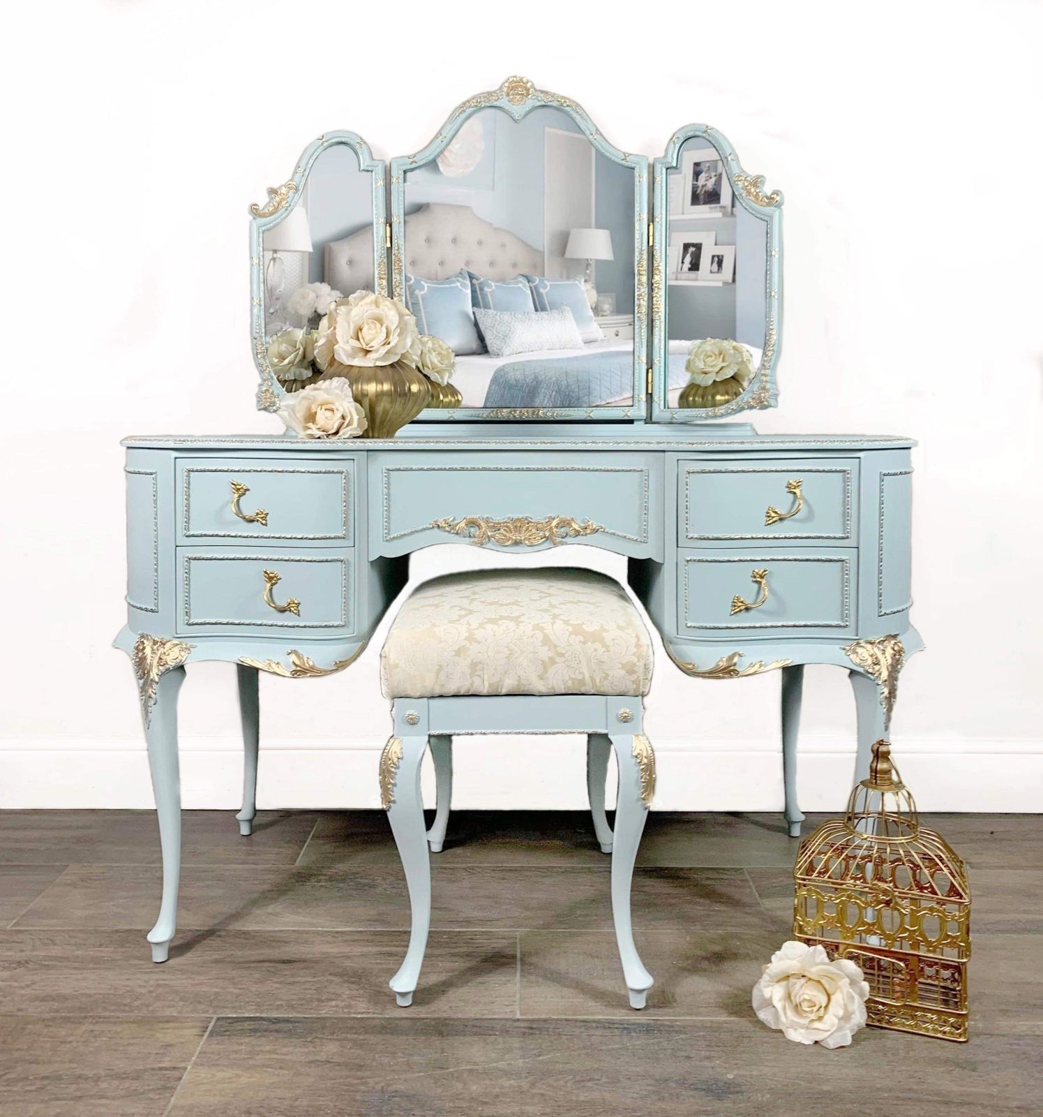 Baby Blue Louis Olympus Dressing Table, Vintage Hand Painted French Style Romantic Dressing Table, Gold Trim, Bedroom Furniture & Stool